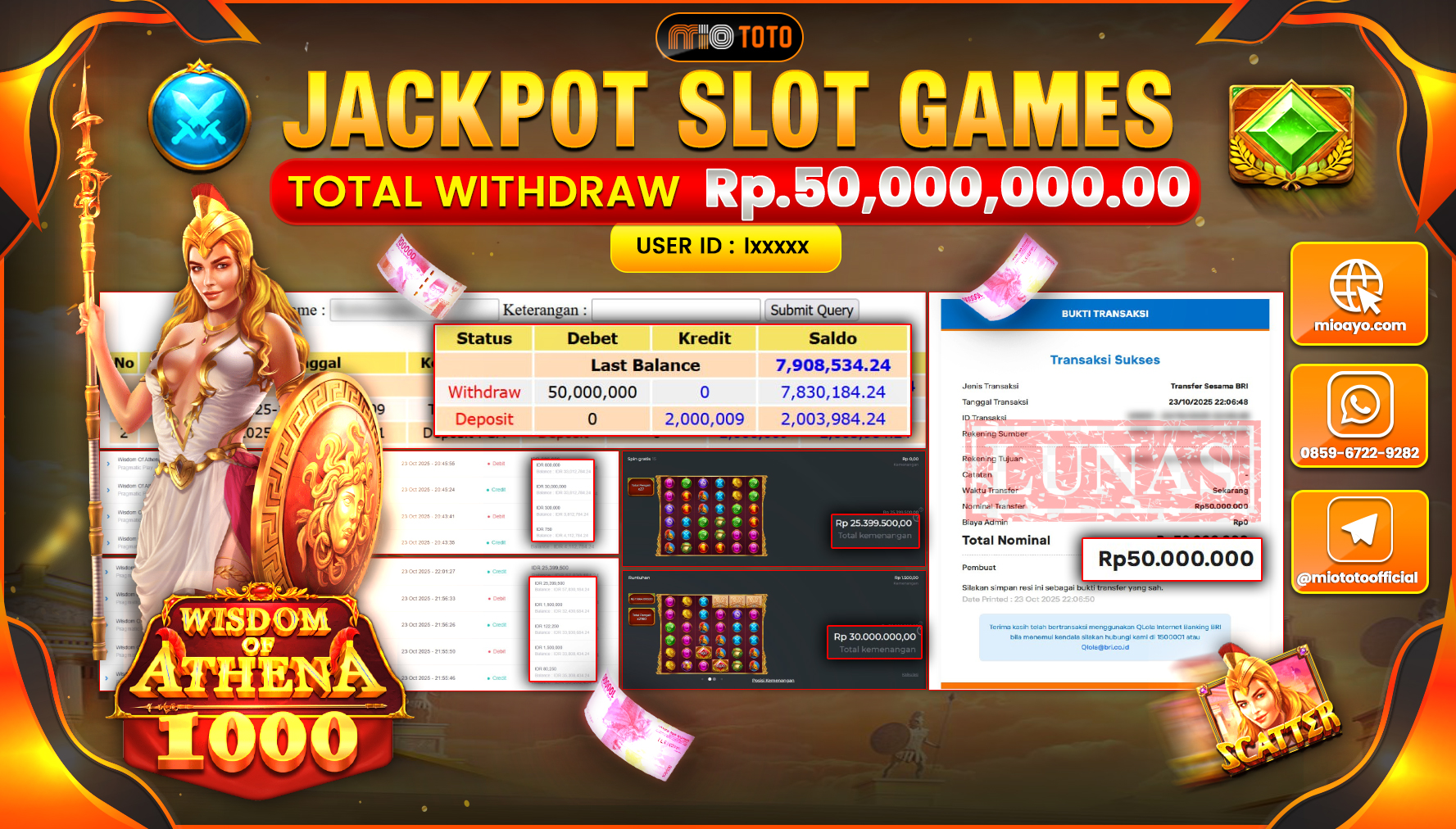 JACKPOT SLOT WISDOM OF ATHENA 1000 Rp.50,000,000 DI BAYAR TUNAI !!!