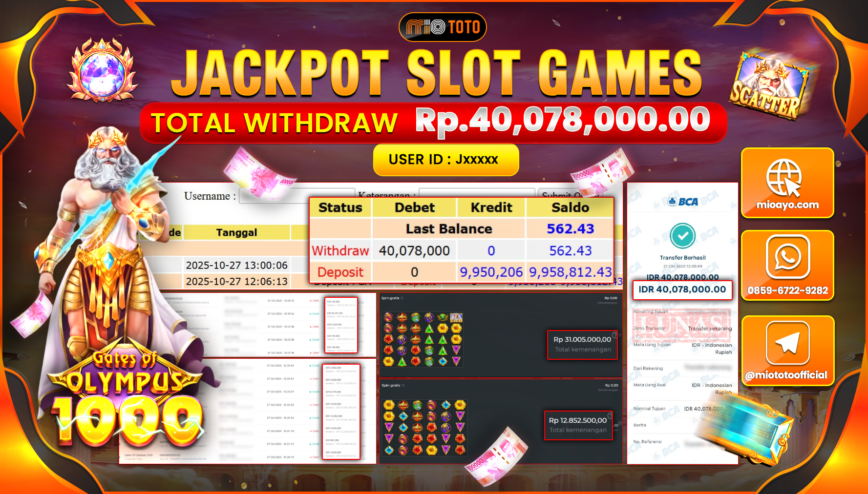 JACKPOT SLOT GATES OF OLYMPUS 1000 Rp.40,078,000 DI BAYAR TUNAI !!!
