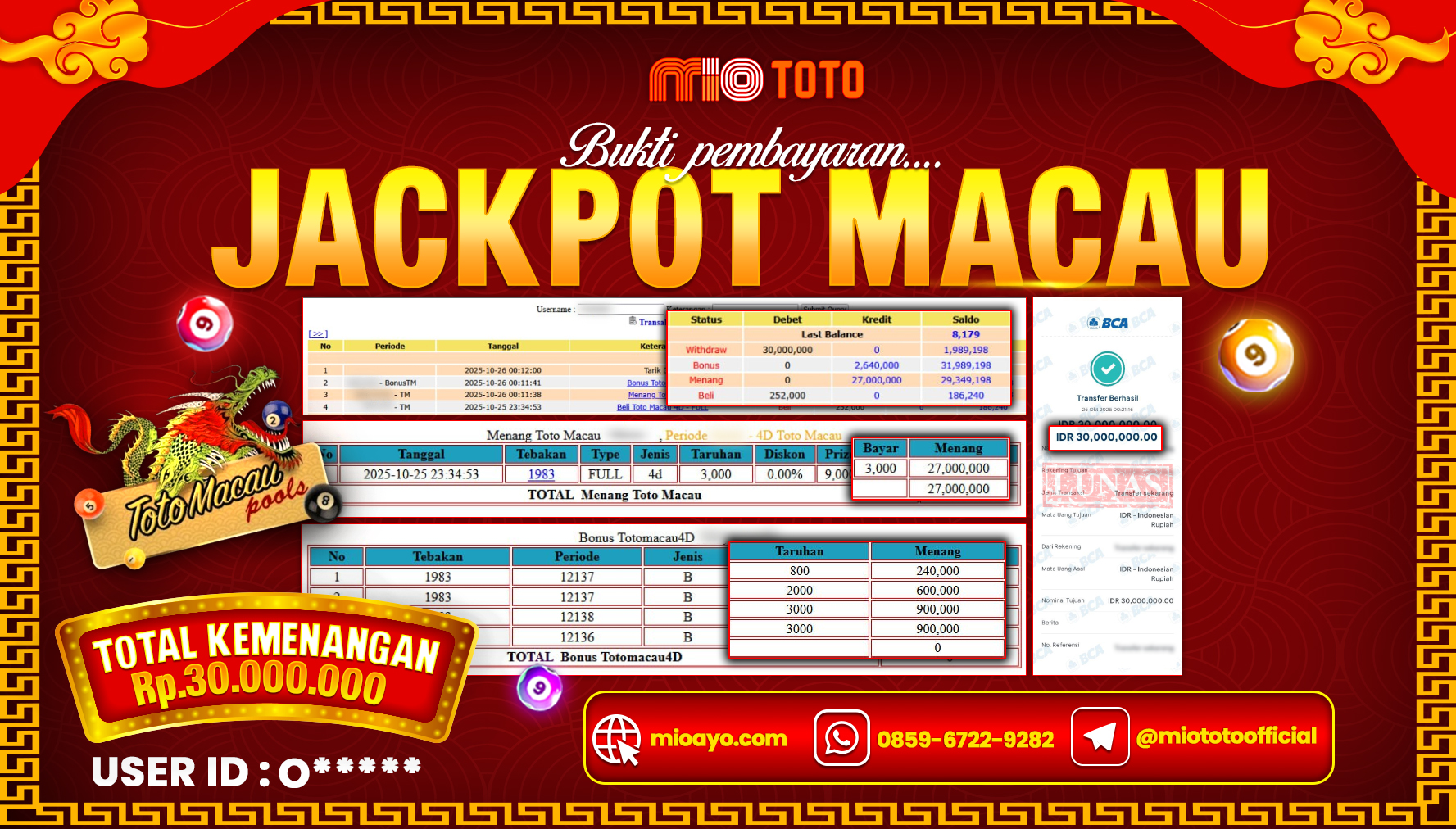JACKPOT TOGEL TOTO MACAU 4D POOLS Rp.30,000,000 DI BAYAR TUNAI !!!