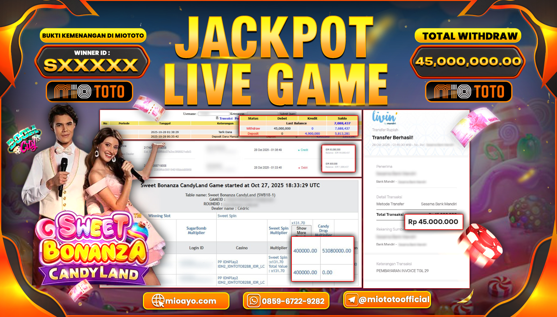 JACKPOT LIVE GAME SWEET BONANZA CANDY LAND Rp.45,000,000 DI BAYAR TUNAI !!!