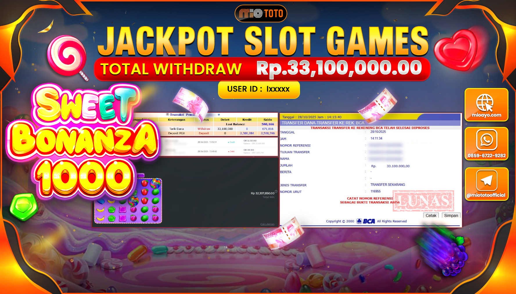 JACKPOT SLOT SWEET BONANZA 1000 Rp33,100,000 DI BAYAR TUNAI !!!