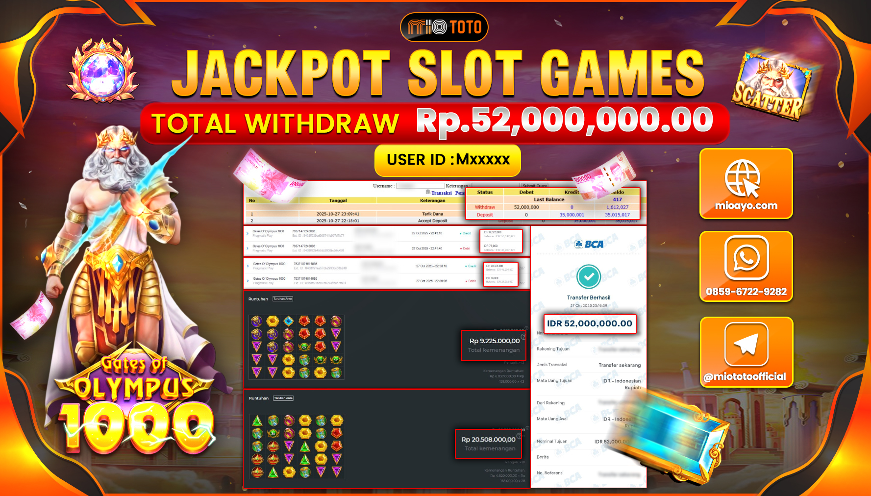 JACKPOT SLOT GATES OF OLYMPUS 1000 Rp.52,000,000 DI BAYAR TUNAI !!!