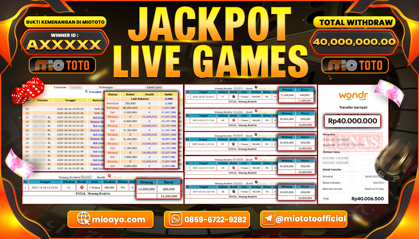 JACKPOT LIVE GAME ROULETTE Rp.40,000,000 DI BAYAR TUNAI !!!