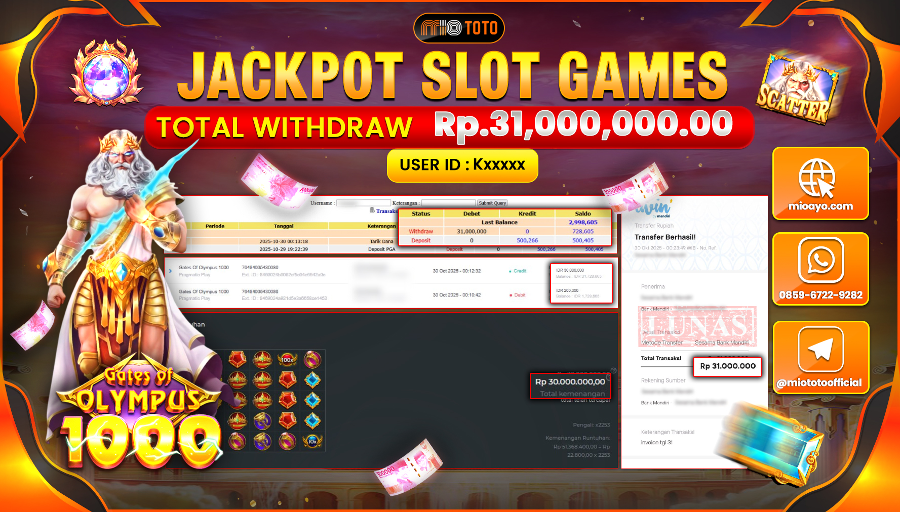 JACKPOT SLOT GATES OF OLYMPUS 1000 Rp.31,000,000 DI BAYAR TUNAI !!!