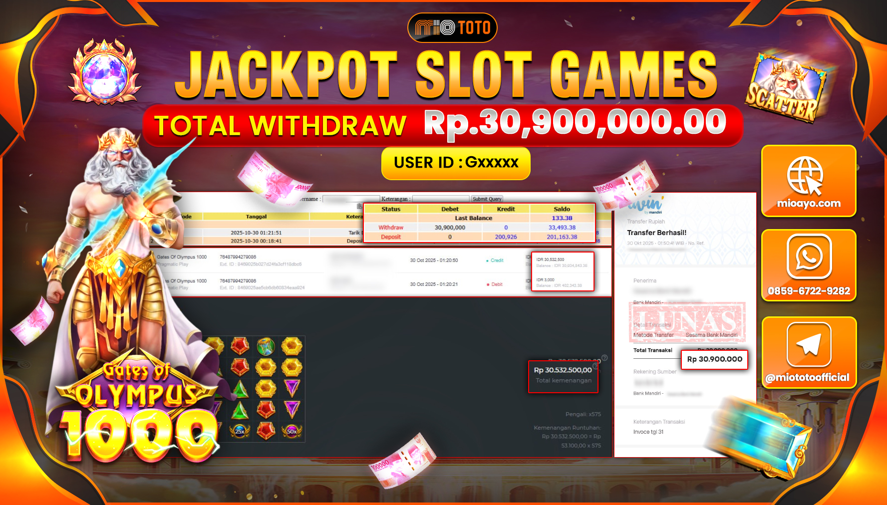 JACKPOT SLOT GATES OF OLYMPUS 1000 Rp.30,900,000 DI BAYAR TUNAI !!!
