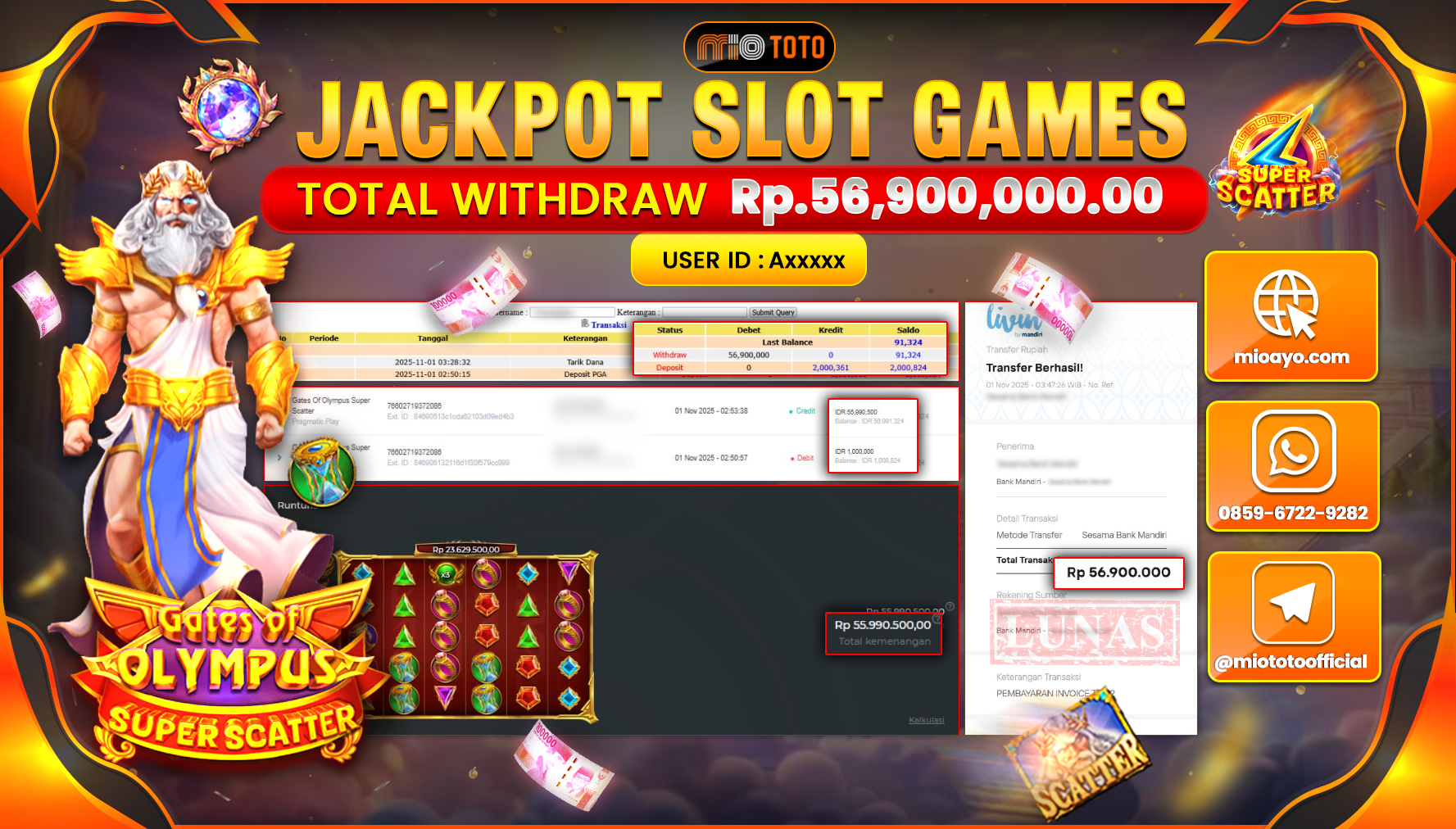 JACKPOT SLOT GATES OF OLYMPUS 1000 Rp.56,900,000 DI BAYAR TUNAI !!!