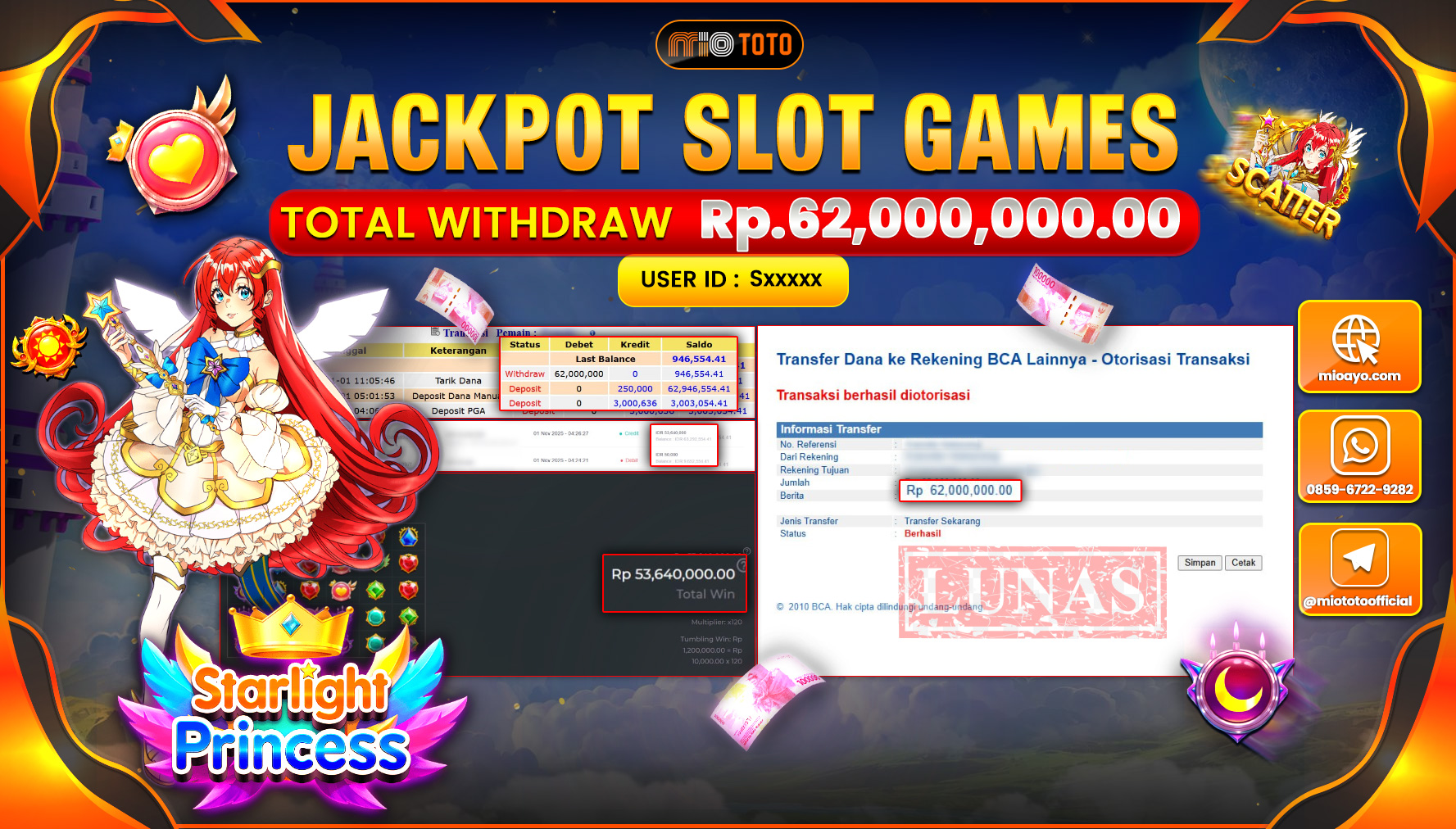 JACKPOT SLOT STARLIGHT PRINCESS 1000 Rp62,000,000 DI BAYAR TUNAI !!!