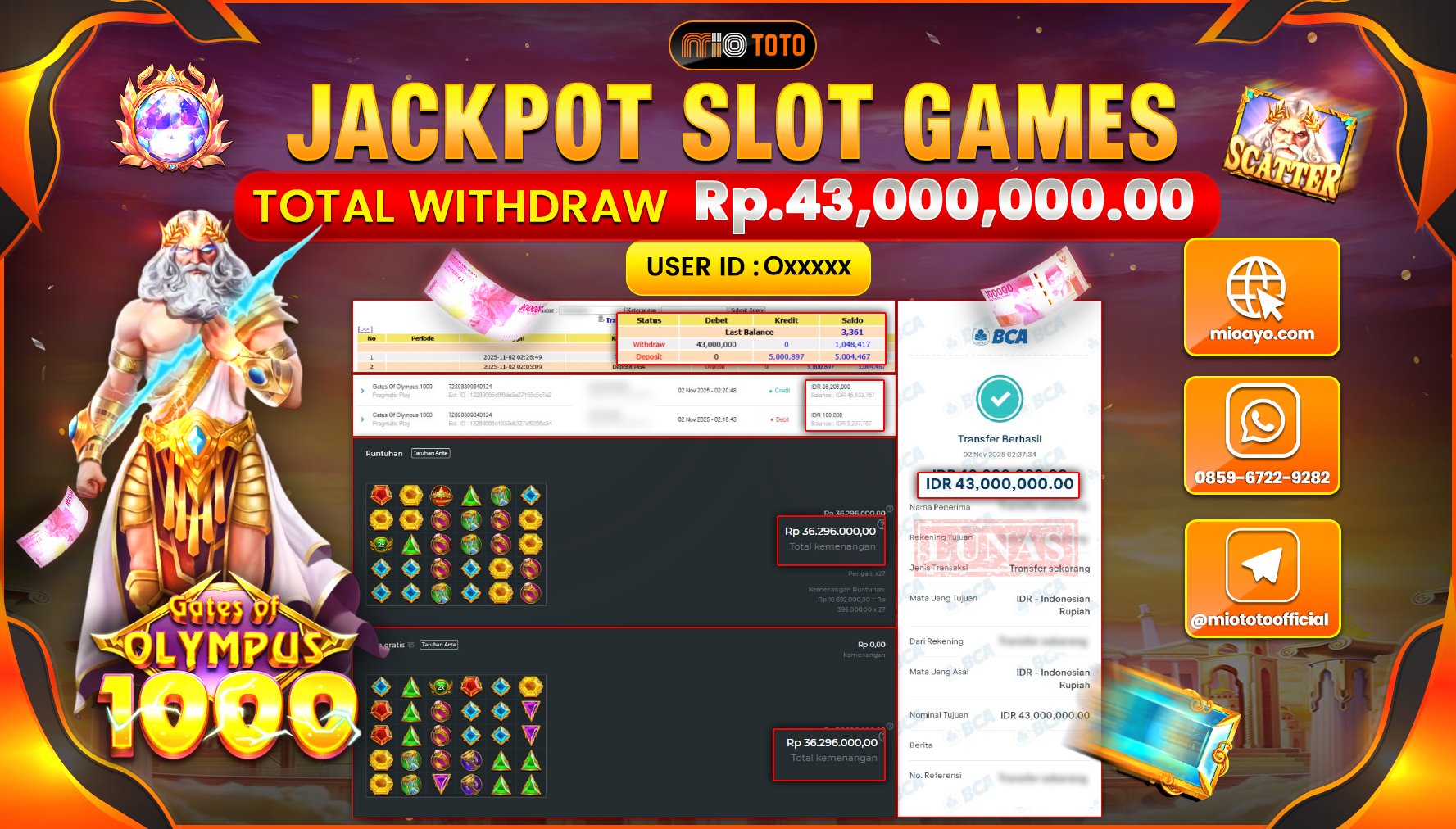 JACKPOT SLOT GATES OF OLYMPUS 1000 Rp.43,000,000 DI BAYAR TUNAI !!!