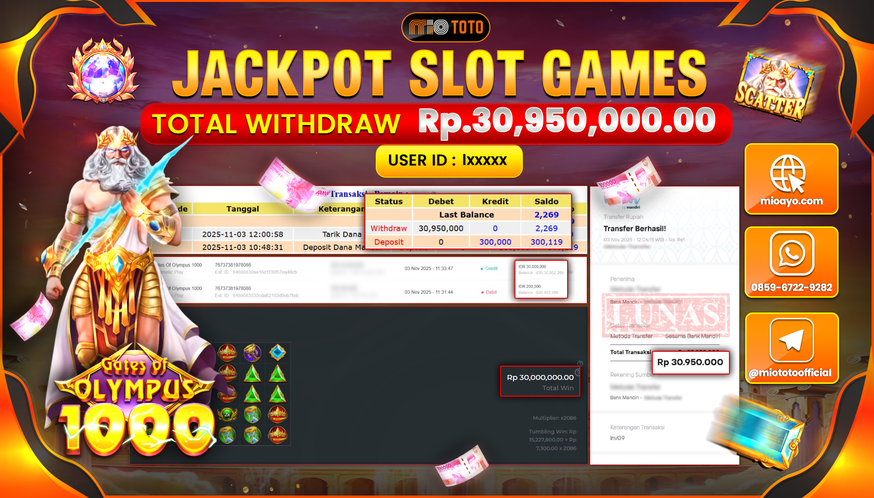 JACKPOT SLOT GATES OF OLYMPUS 1000 Rp.30,950,000 DI BAYAR TUNAI !!!