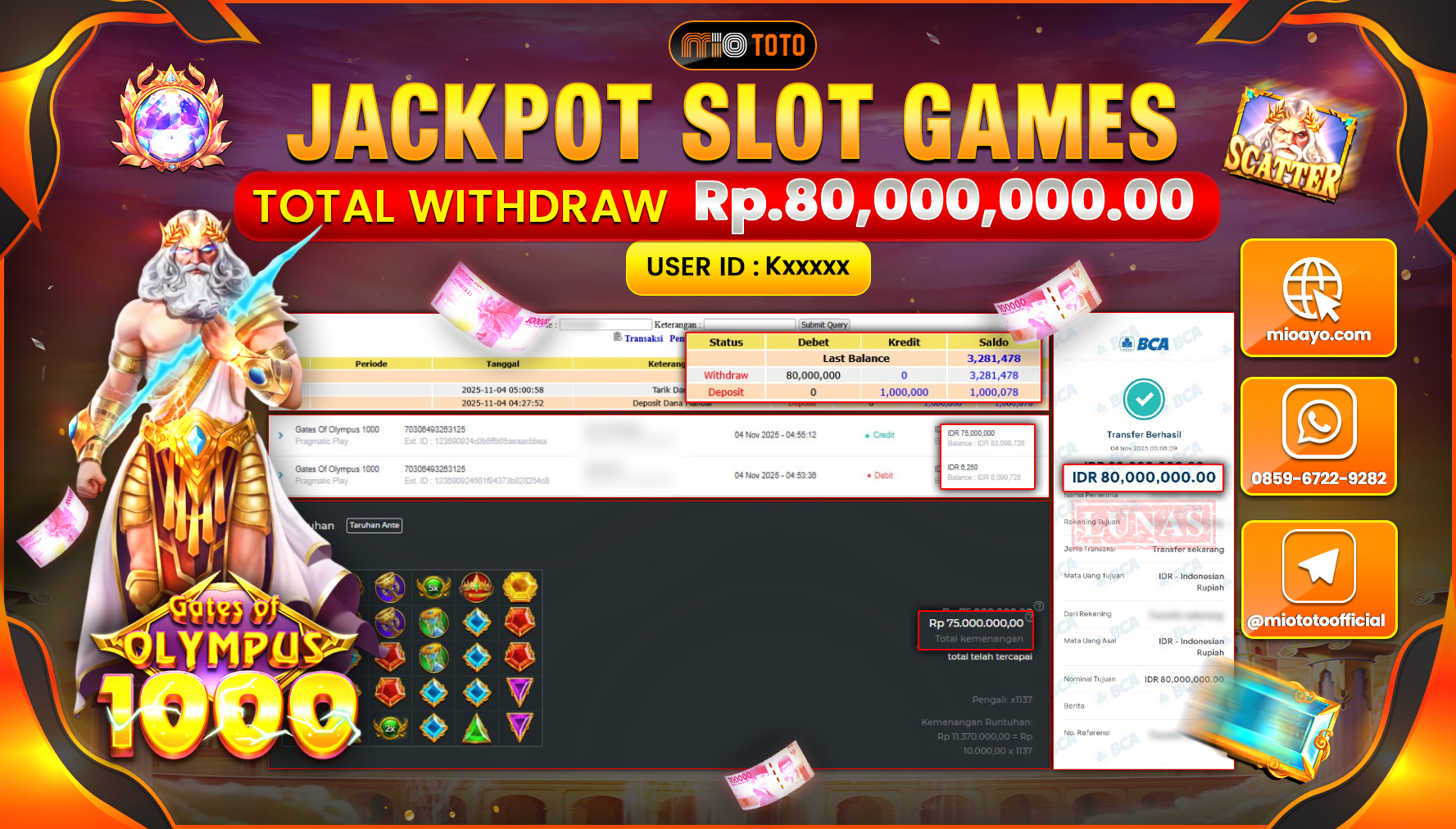 JACKPOT SLOT GATES OF OLYMPUS 1000 Rp.80,000,000 DI BAYAR TUNAI !!!