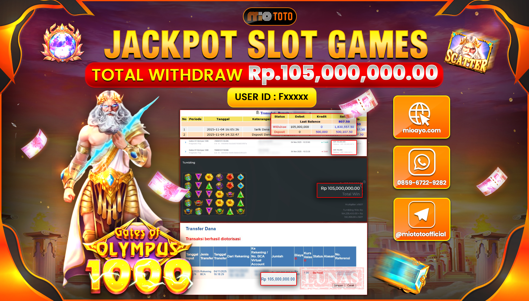 JACKPOT SLOT GATES OF OLYMPUS 1000 Rp.105,000,000 DI BAYAR TUNAI !!!