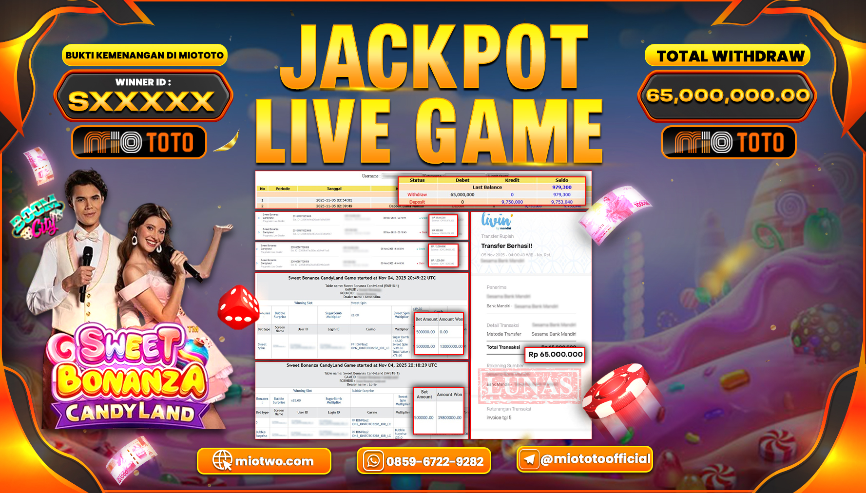 JACKPOT LIVE GAME SWEET BONANZA CANDY LAND Rp.65,000,000 DI BAYAR TUNAI !!!