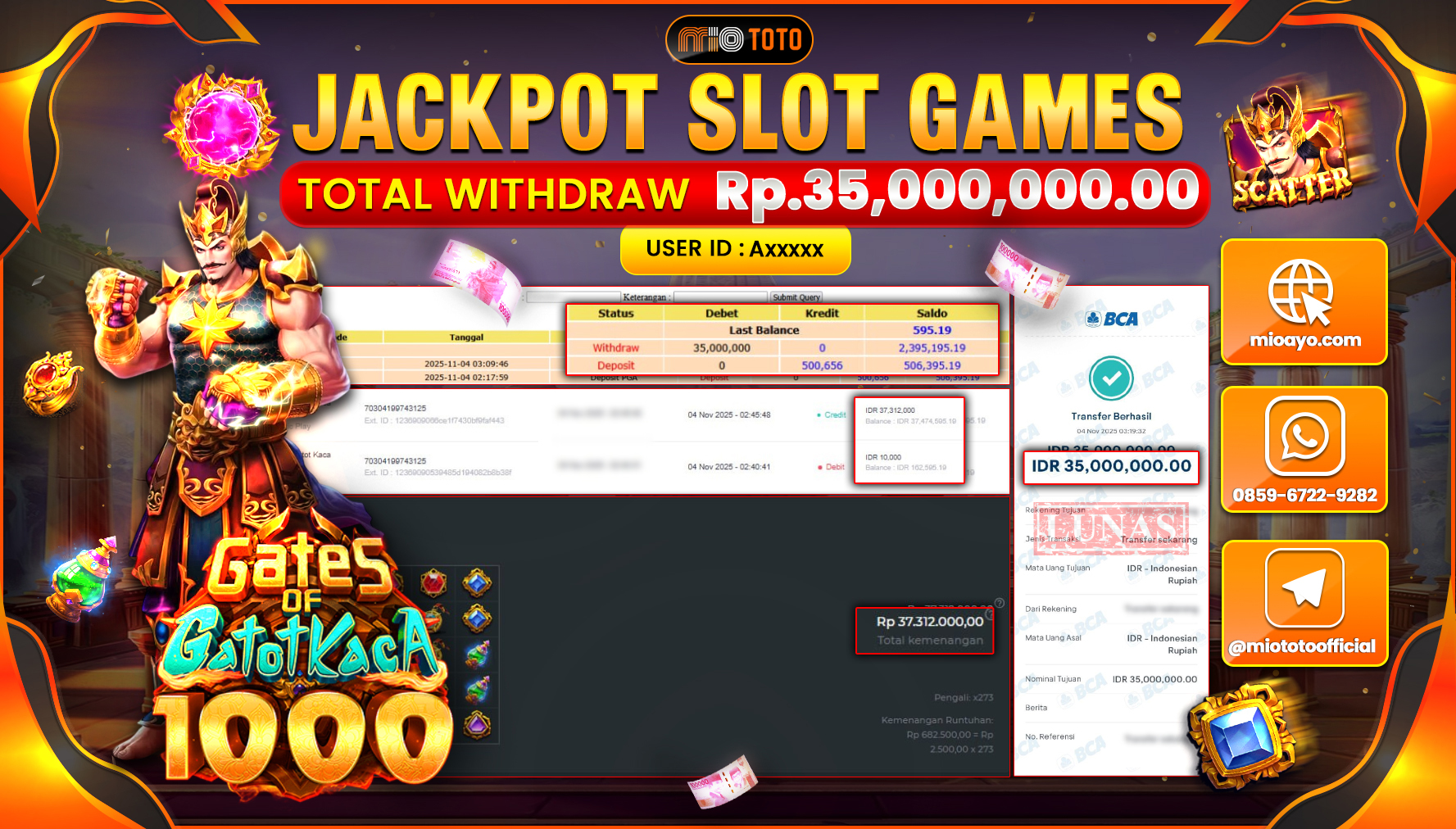 JACKPOT SLOT GATOT KACA 1000 Rp.35,000,000 DI BAYAR TUNAI !!!