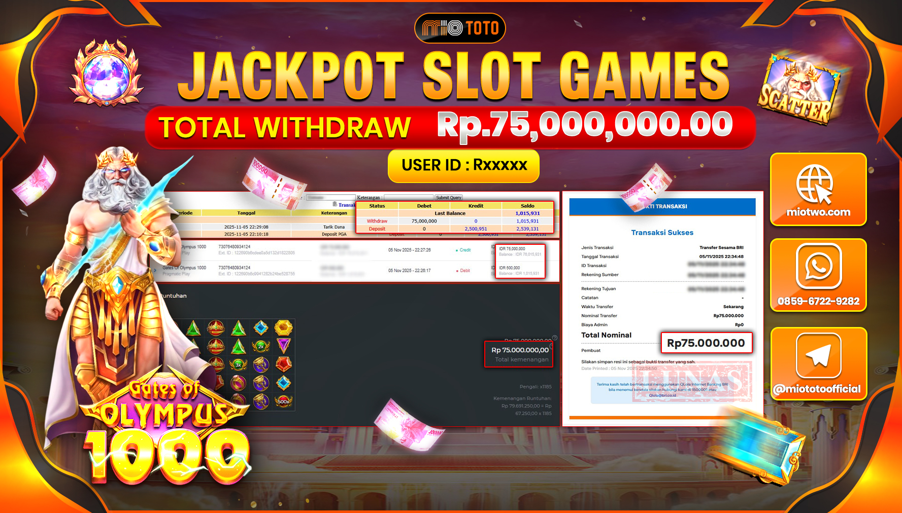 JACKPOT SLOT GATES OF OLYMPUS 1000 Rp.75,000,000 DI BAYAR TUNAI !!!