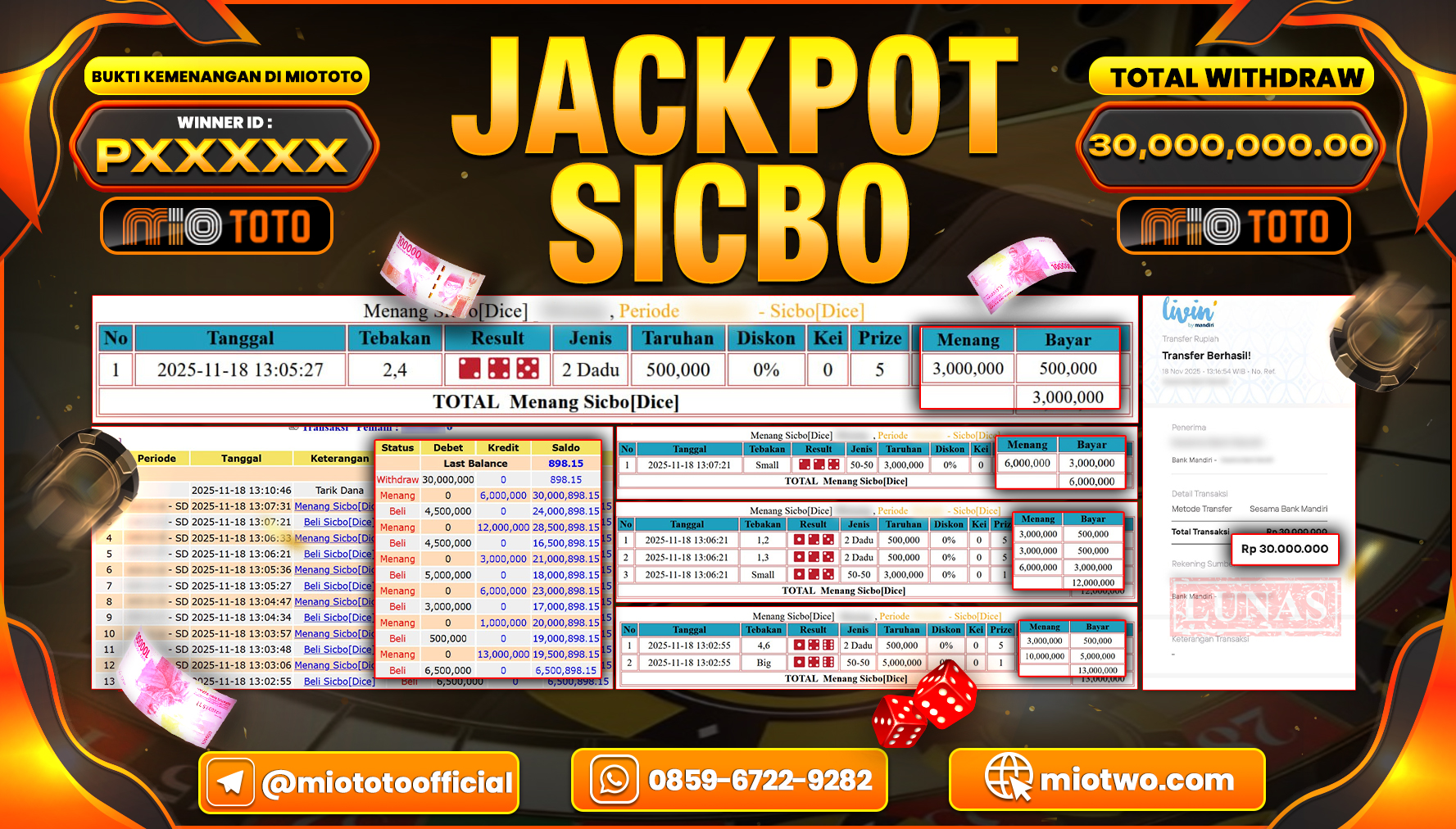 JACKPOT LIVE GAME SICBO Rp.30,000,000 DI BAYAR TUNAI !!!
