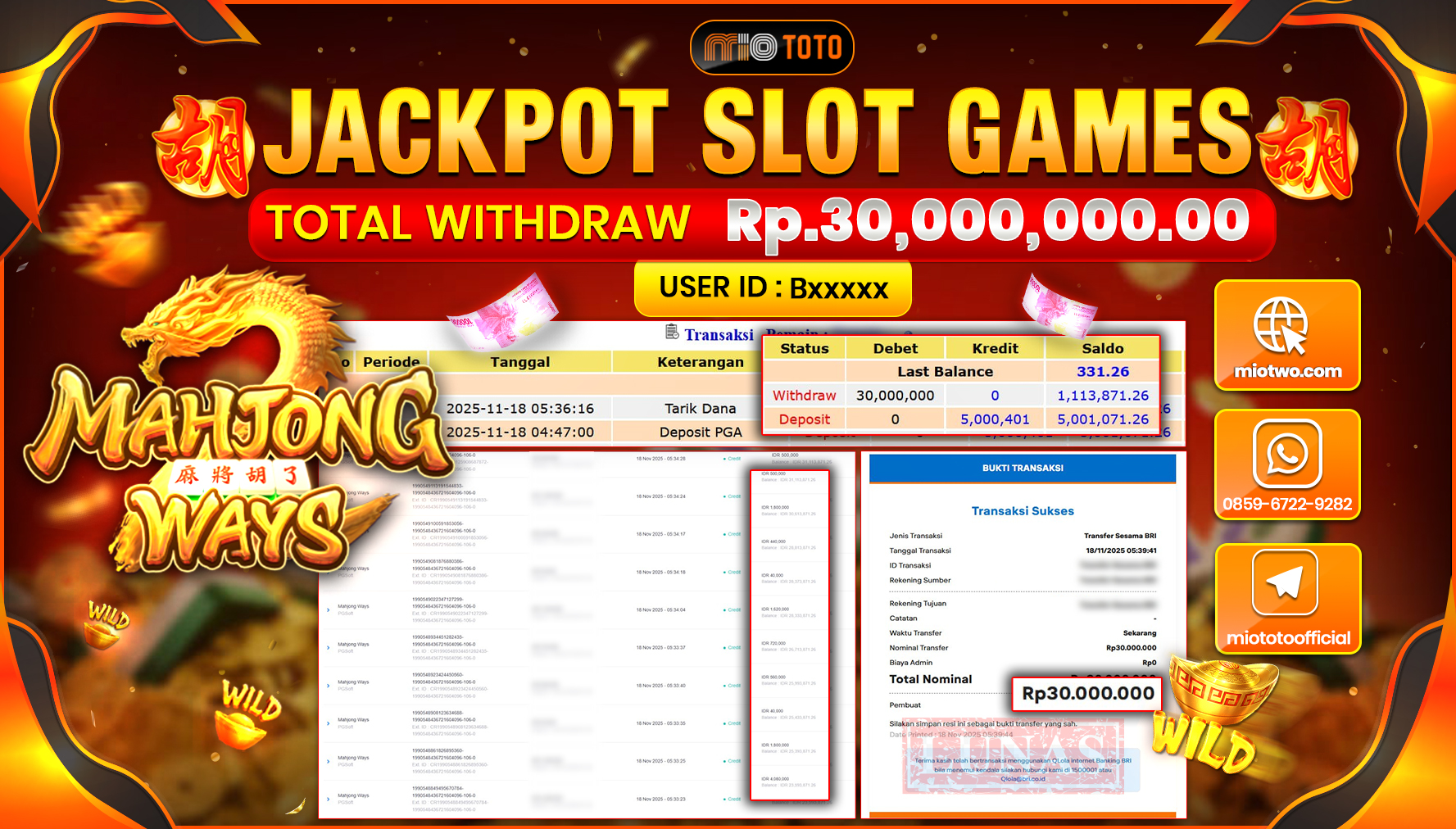 JACKPOT SLOT MAHJONG WAYS Rp30,000,000 DI BAYAR TUNAI !!!
