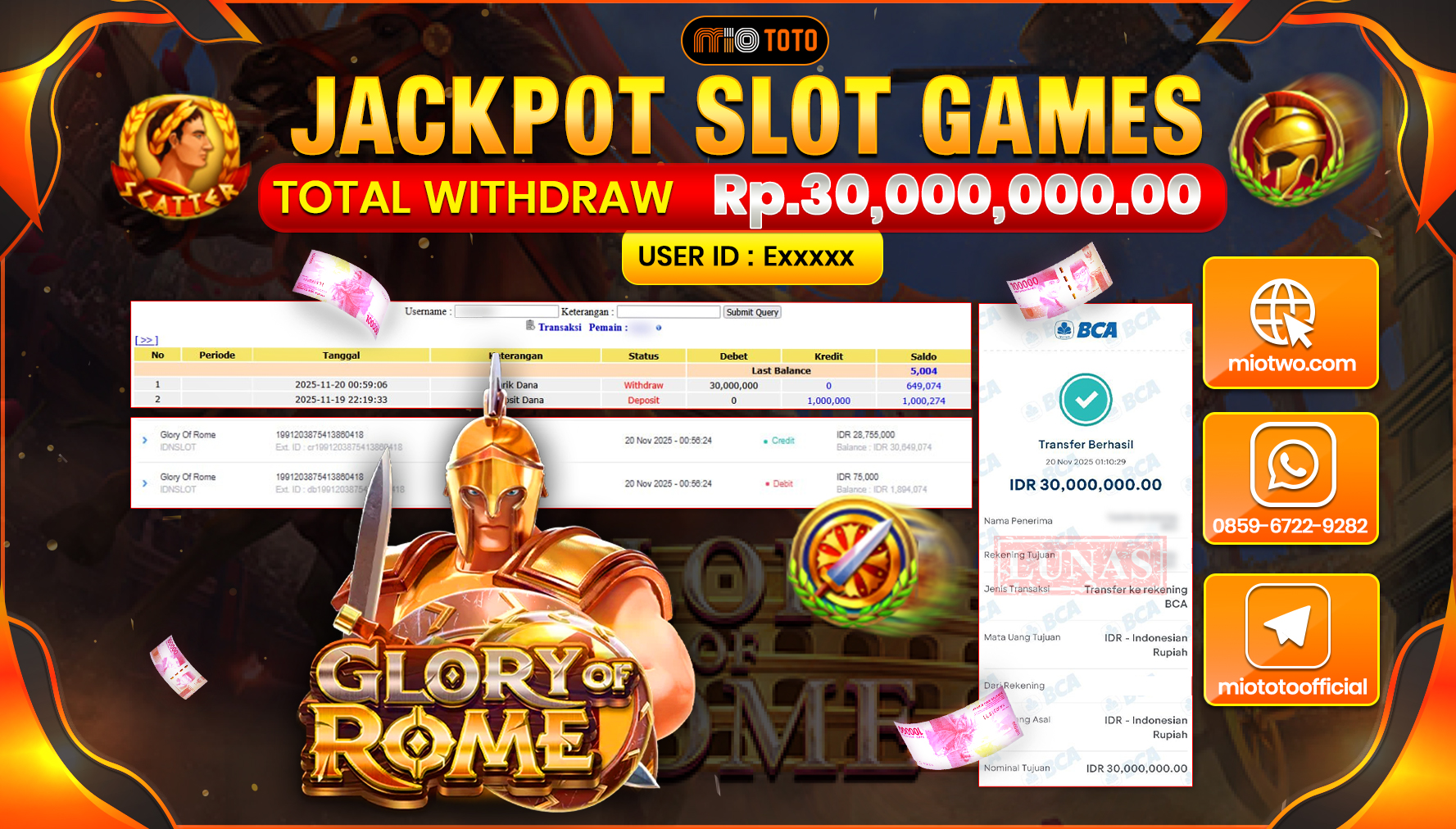 JACKPOT SLOT GLORY OF ROME Rp.30,000,000 DI BAYAR TUNAI !!!