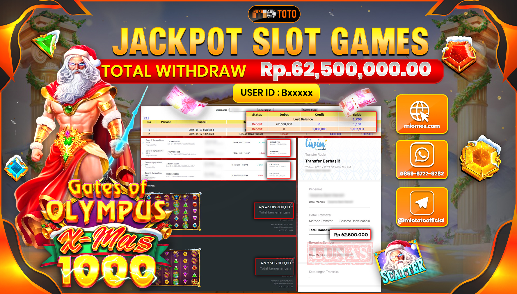 JACKPOT SLOT GATES OF OLYMPUS X MAS 1000 Rp.62,500,000 DI BAYAR TUNAI !!!