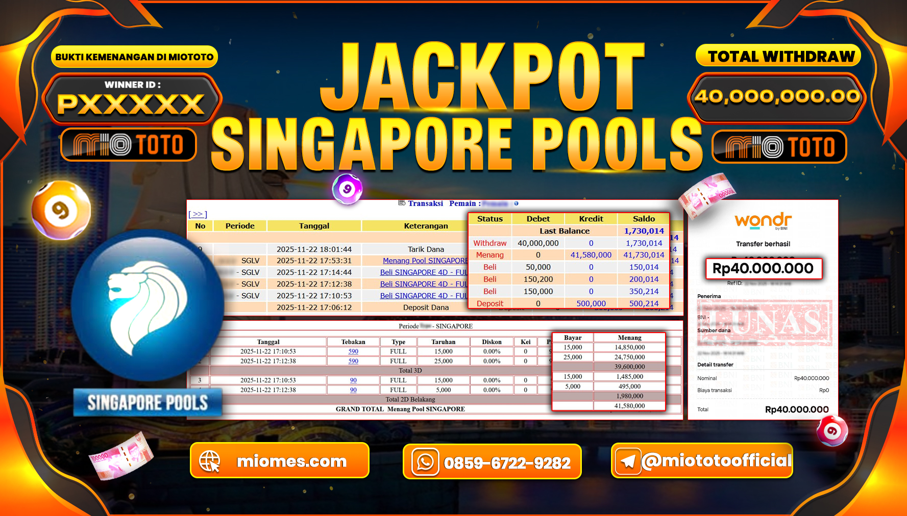 JACKPOT TOGEL SINGAPORE POOLS Rp.40,000,000 DI BAYAR TUNAI !!!