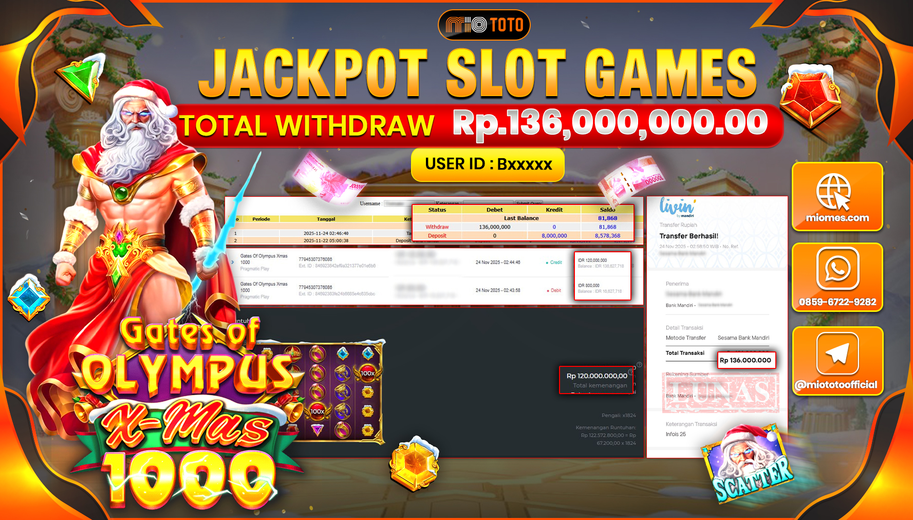JACKPOT SLOT GATES OF OLYMPUS X MAS 1000 Rp.136,000,000 DI BAYAR TUNAI !!!