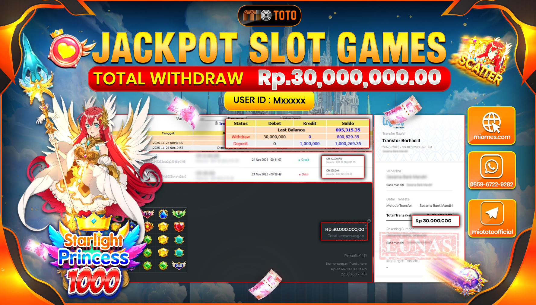 JACKPOT SLOT STARLIGHT PRINCESS 1000 Rp30,000,000 DI BAYAR TUNAI !!!
