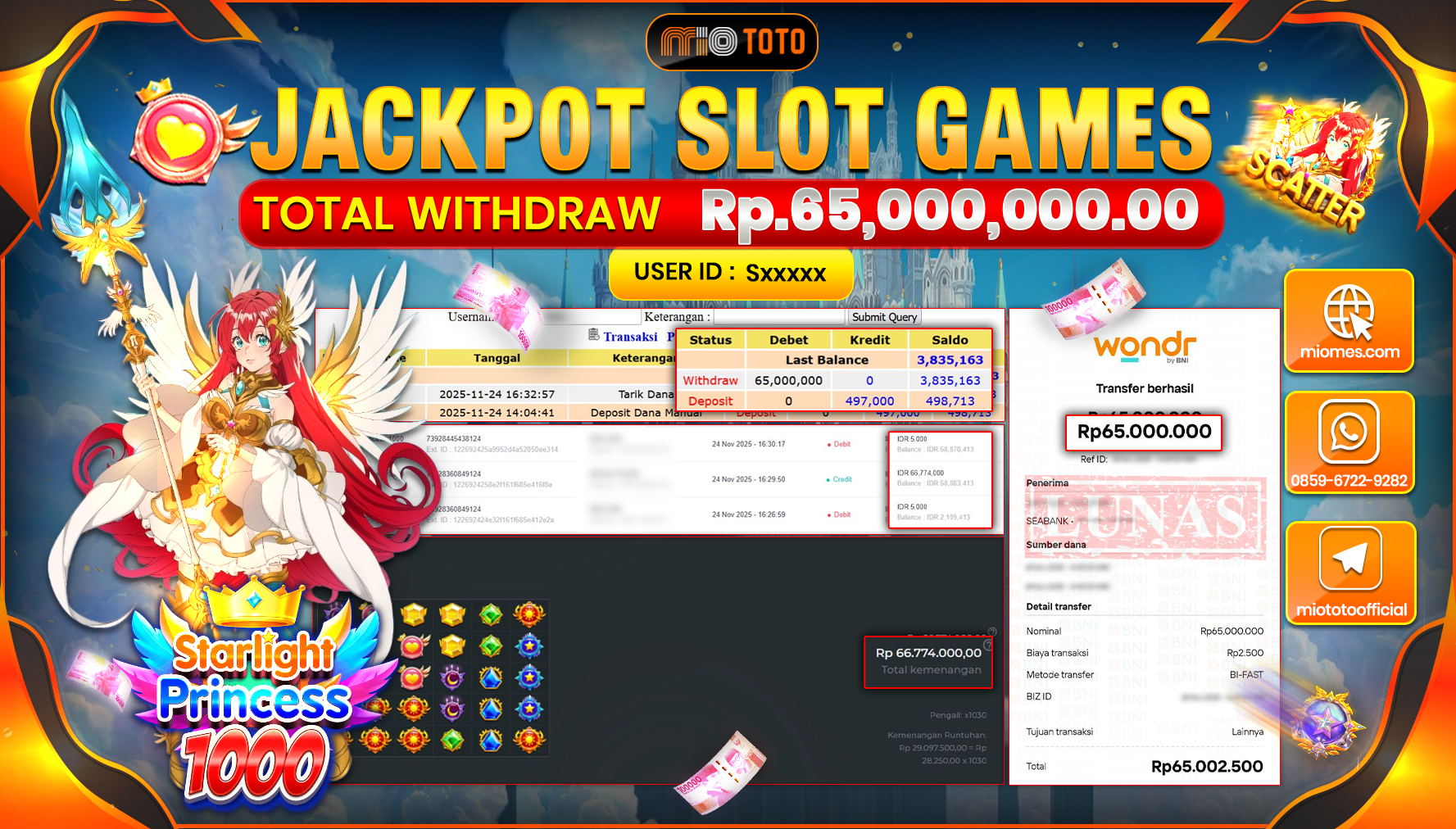 JACKPOT SLOT STARLIGHT PRINCESS 1000 Rp65,000,000 DI BAYAR TUNAI !!!