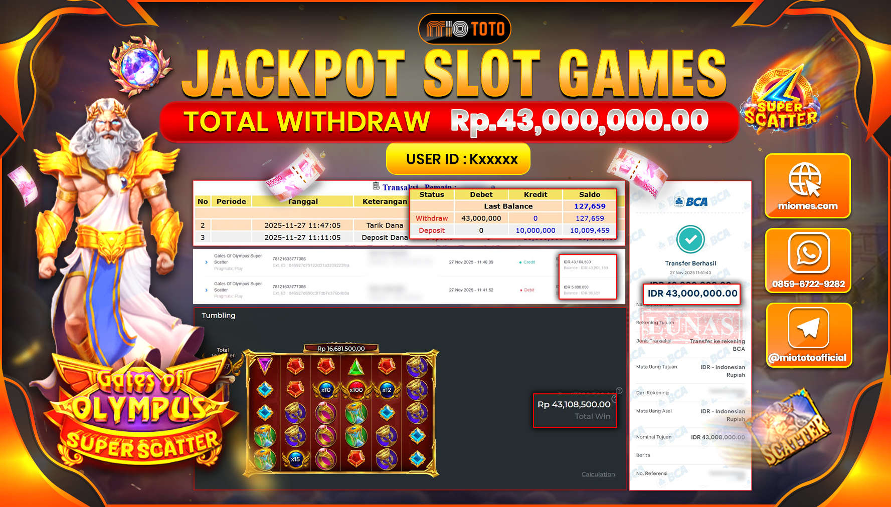 JACKPOT SLOT GATES OF OLYMPUS SUPER SCATTER Rp.43,000,000 DI BAYAR TUNAI !!!