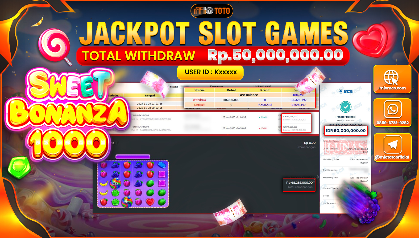 JACKPOT SLOT SWEET BONANZA 1000 Rp50,000,000 DI BAYAR TUNAI !!!