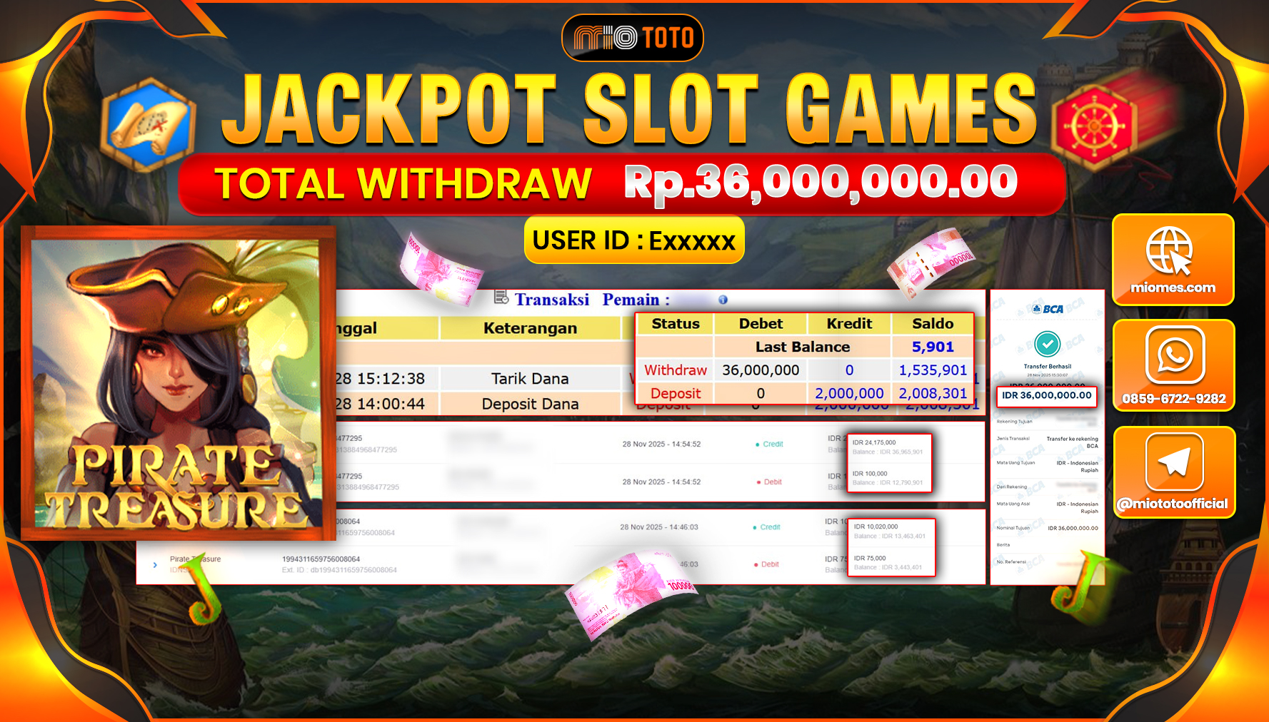JACKPOT SLOT PIRATE TREASURE Rp36,000,000 DI BAYAR TUNAI !!!