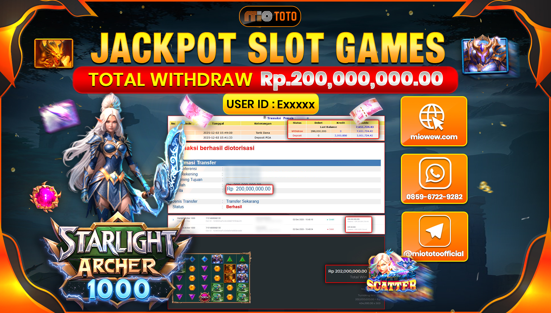JACKPOT SLOT STARLIGHT ARCHER 1000 Rp.200,000,000 DI BAYAR TUNAI !!!