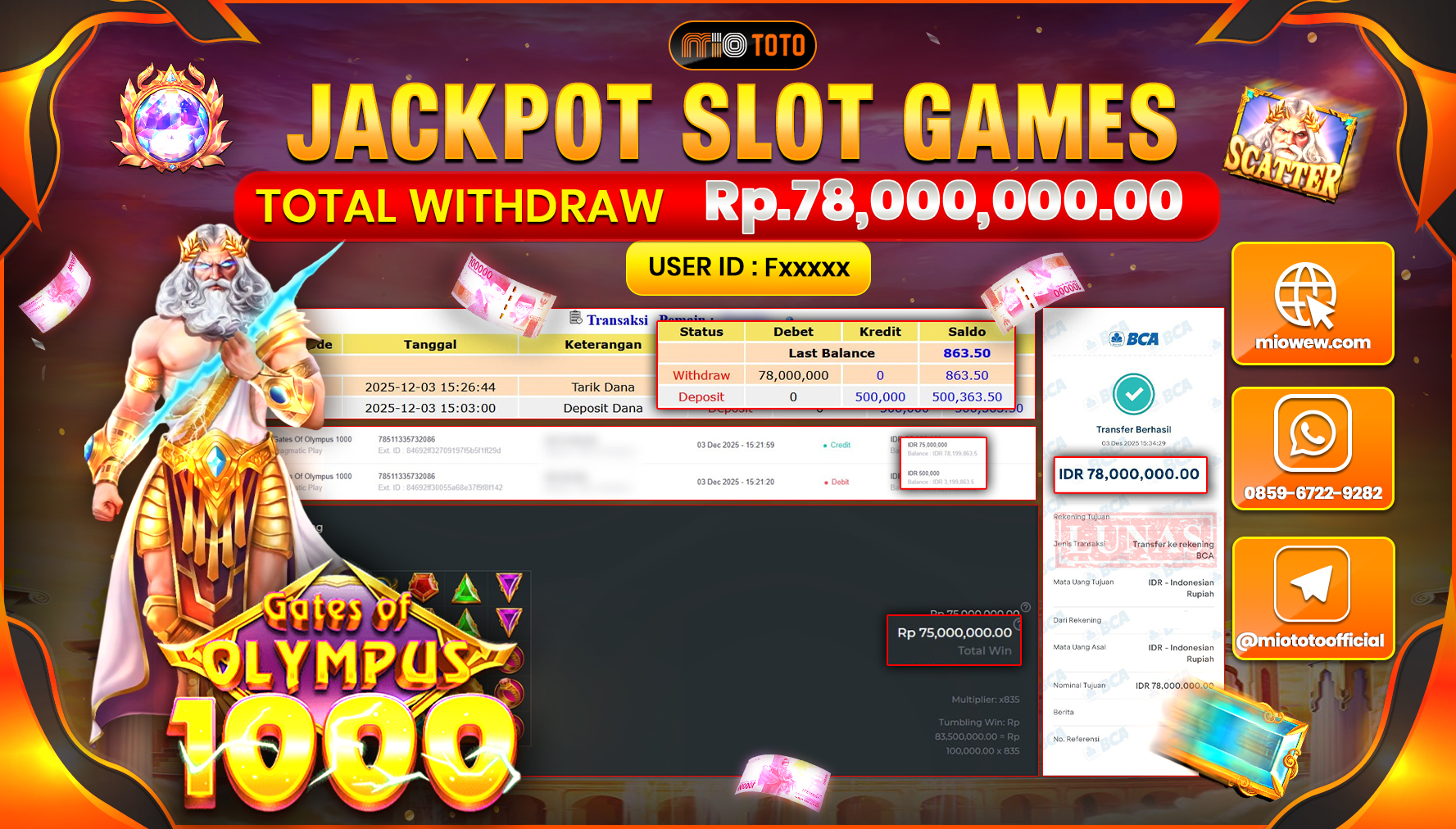 JACKPOT SLOT GATES OF OLYMPUS 1000 Rp.78,000,000 DI BAYAR TUNAI !!!