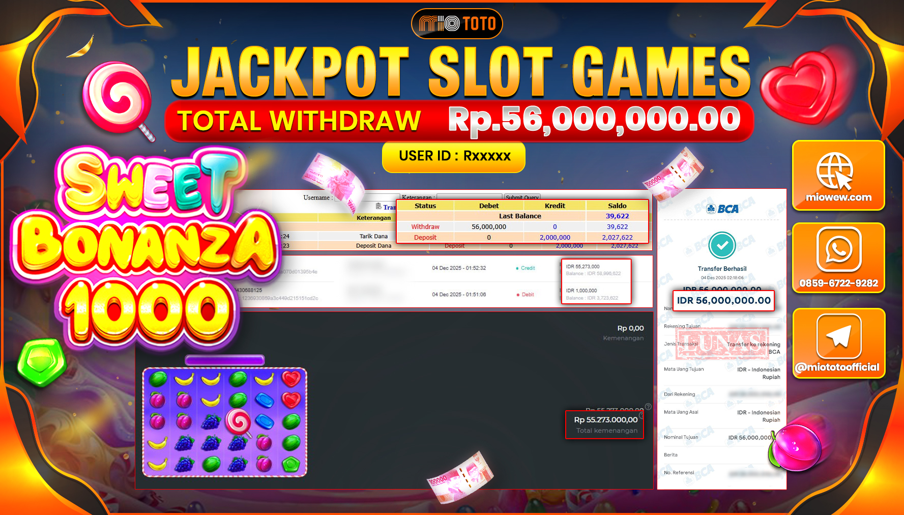 JACKPOT SLOT SWEET BONANZA 1000 Rp56,000,000 DI BAYAR TUNAI !!!