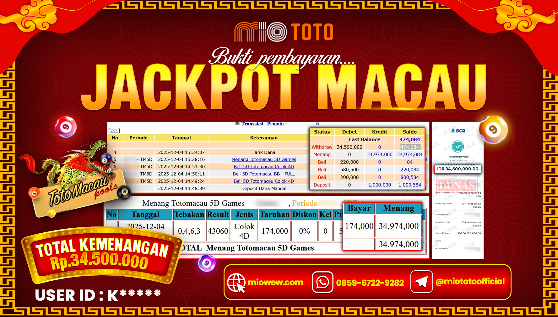 JACKPOT TOGEL TOTO MACAU 4D POOLS Rp.34,500,000 DI BAYAR TUNAI !!!