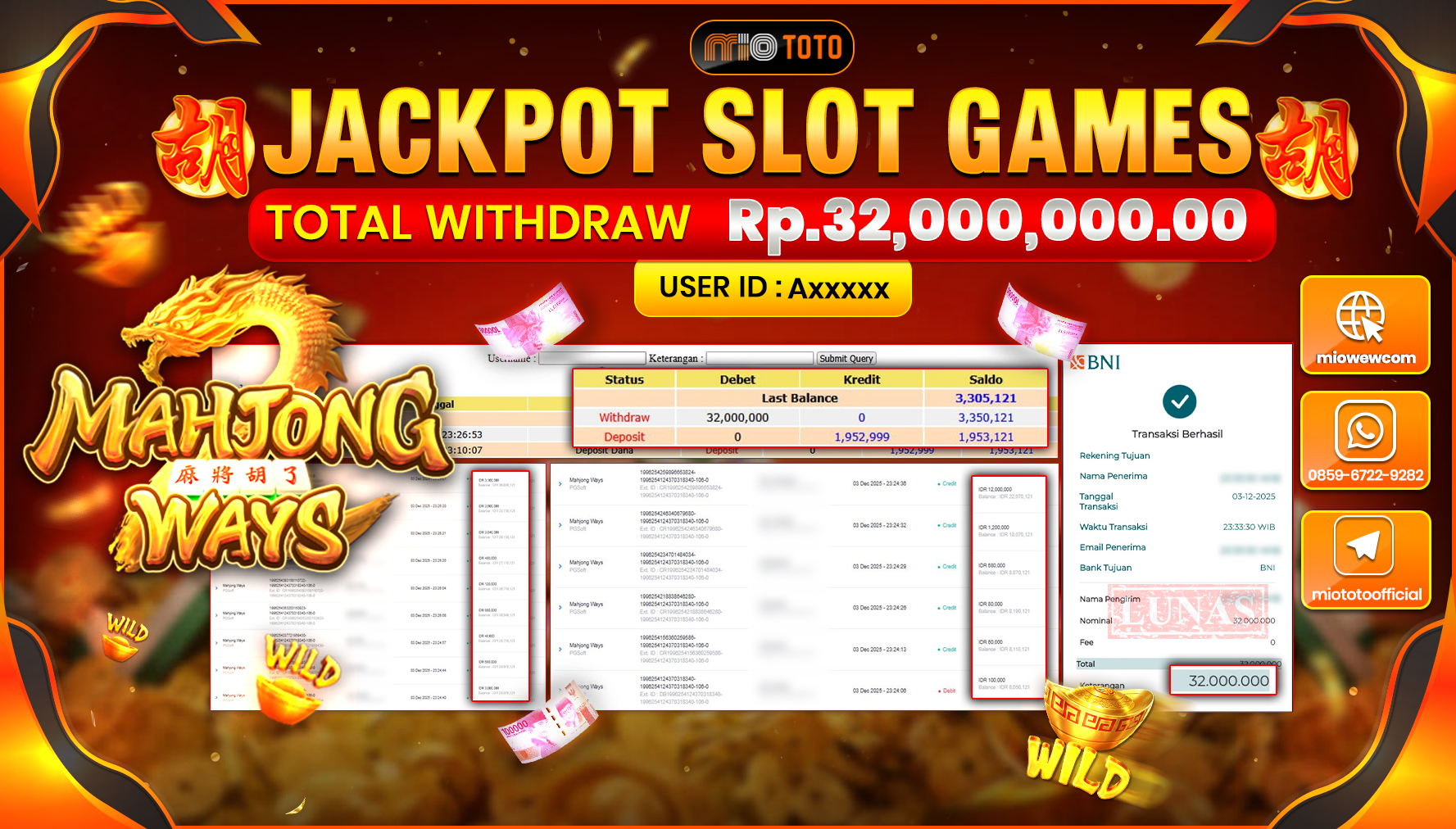 JACKPOT SLOT MAHJONG WAYS Rp32,000,000 DI BAYAR TUNAI !!!