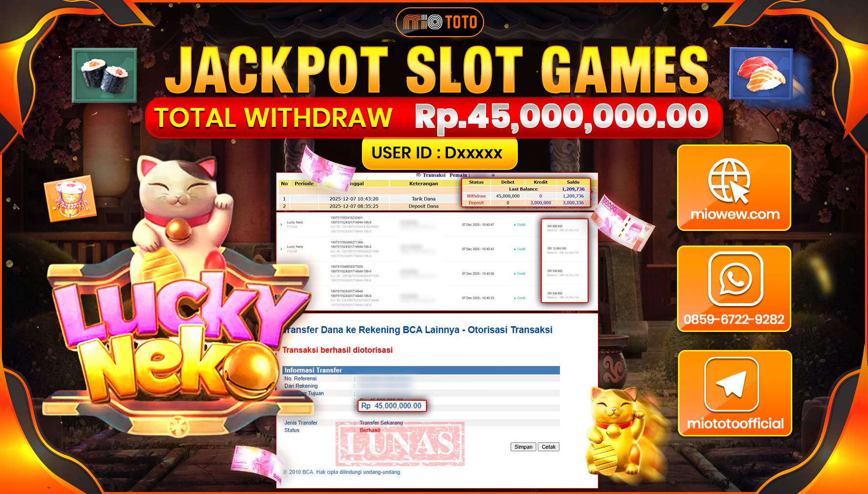 JACKPOT SLOT LUCKY NEKO Rp.45,000,000 DI BAYAR TUNAI !!!