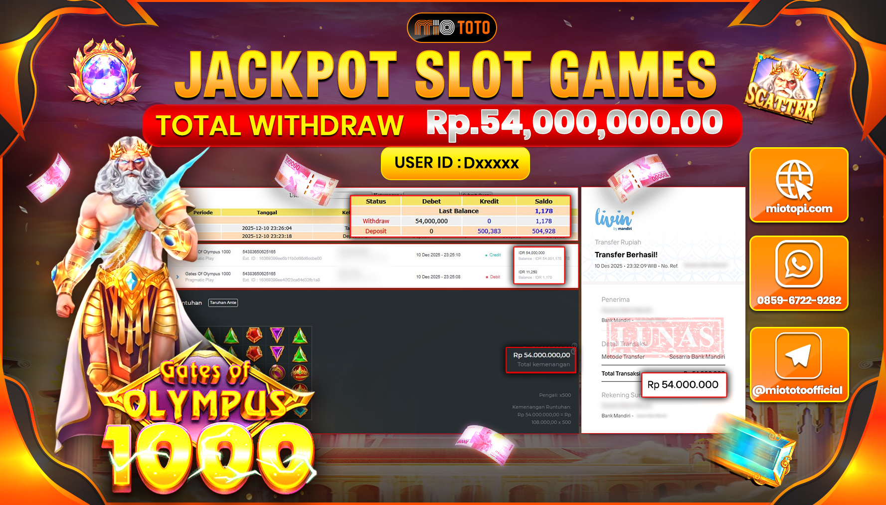 JACKPOT SLOT GATES OF OLYMPUS 1000 Rp.54,000,000 DI BAYAR TUNAI !!!