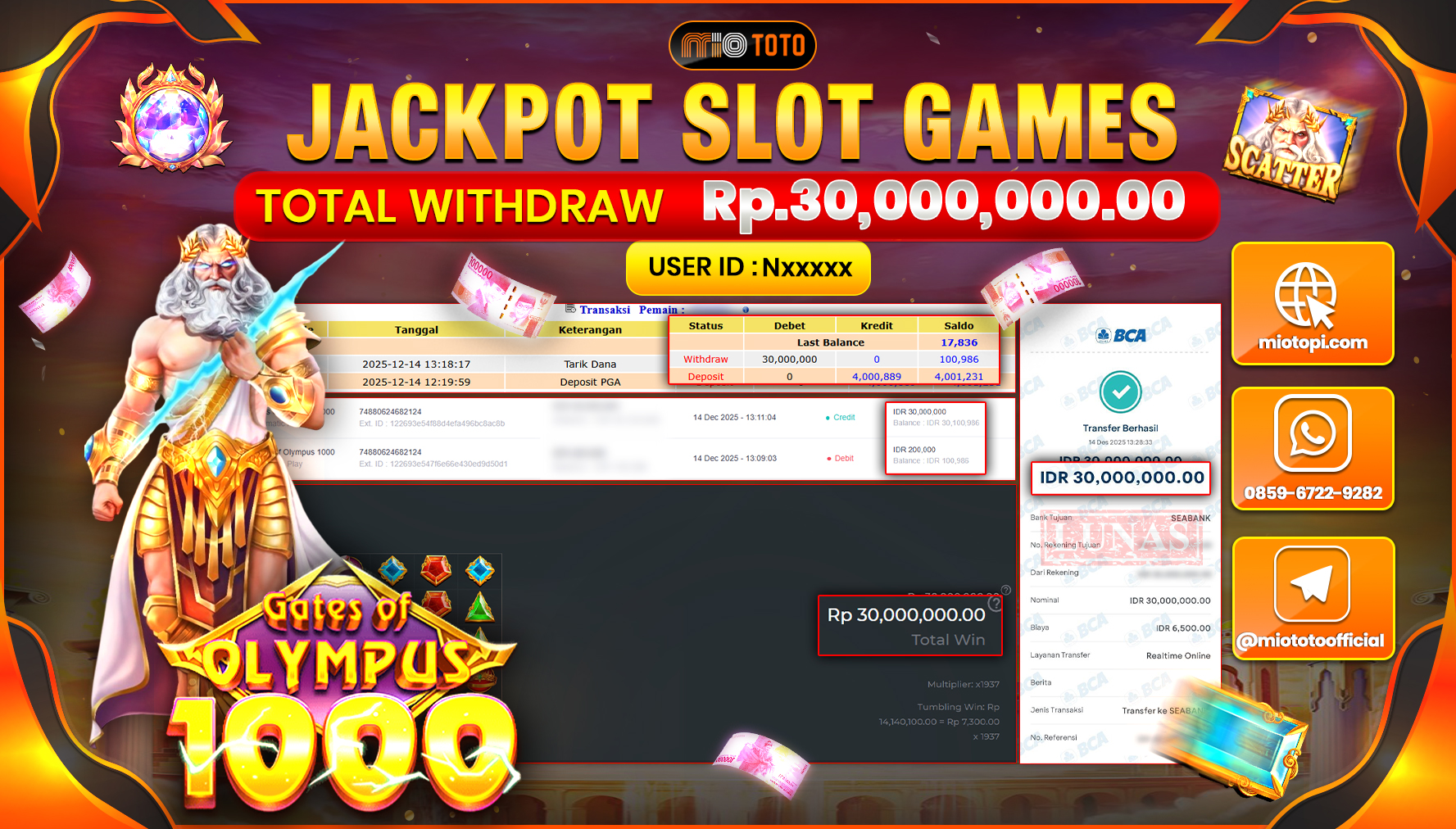 JACKPOT SLOT GATES OF OLYMPUS 1000 Rp.30,000,000 DI BAYAR TUNAI !!!