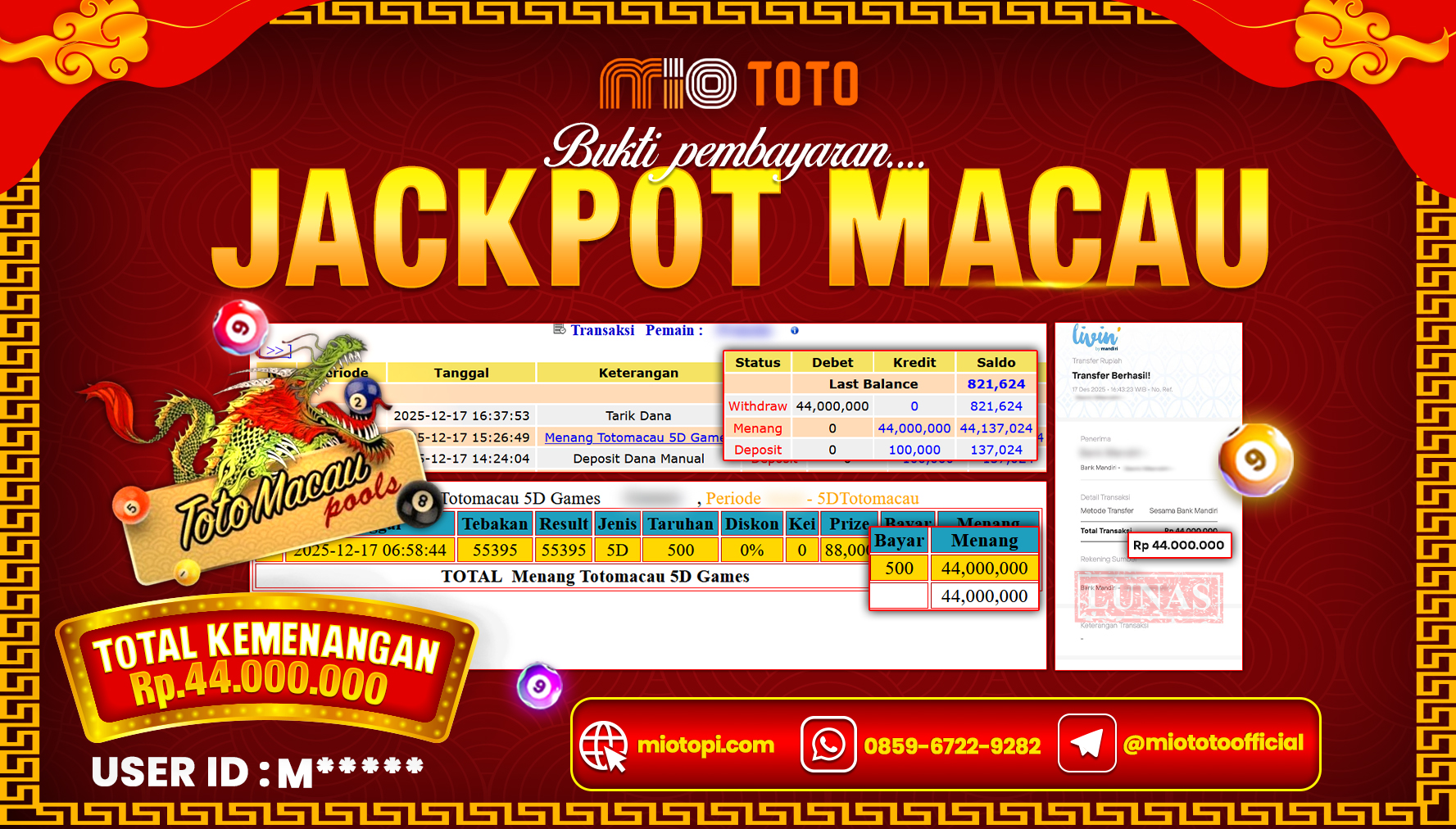 JACKPOT TOTO MACAU Rp.44,000,000 DI BAYAR TUNAI !!! 