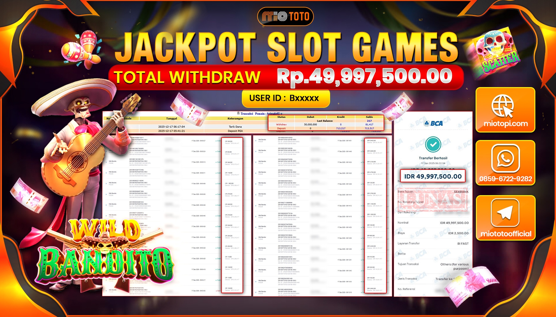 JACKPOT SLOT WILD BANDITO Rp.49,997,500 DI BAYAR TUNAI !!!