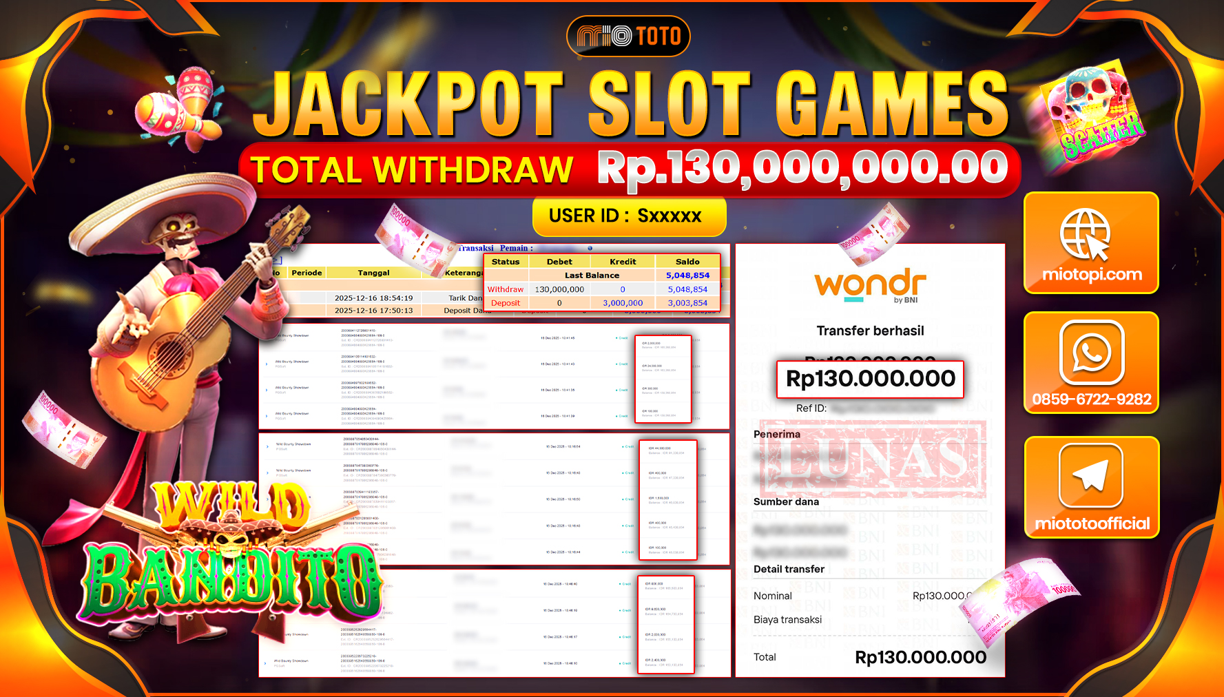 JACKPOT SLOT WILD BANDITO Rp.130,000,000 DI BAYAR TUNAI !!!