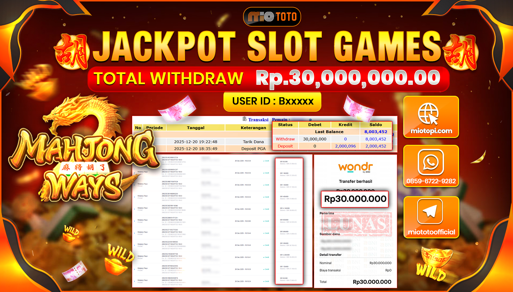 JACKPOT SLOT MAHJONG WAYS Rp.30,000,000 DI BAYAR TUNAI !!!