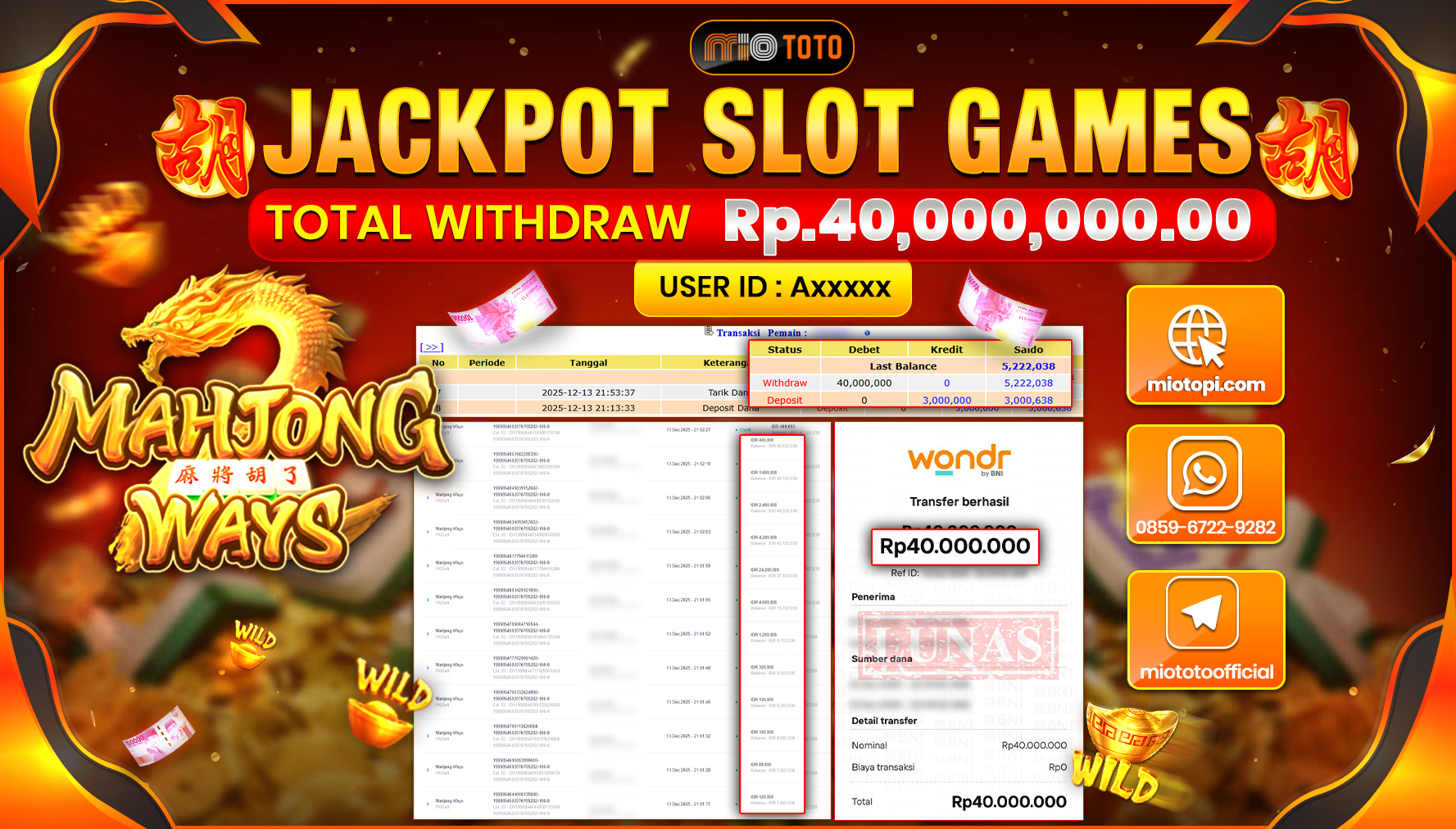 JACKPOT SLOT MAHJONG WAYS Rp.40,000,000 DI BAYAR TUNAI !!!
