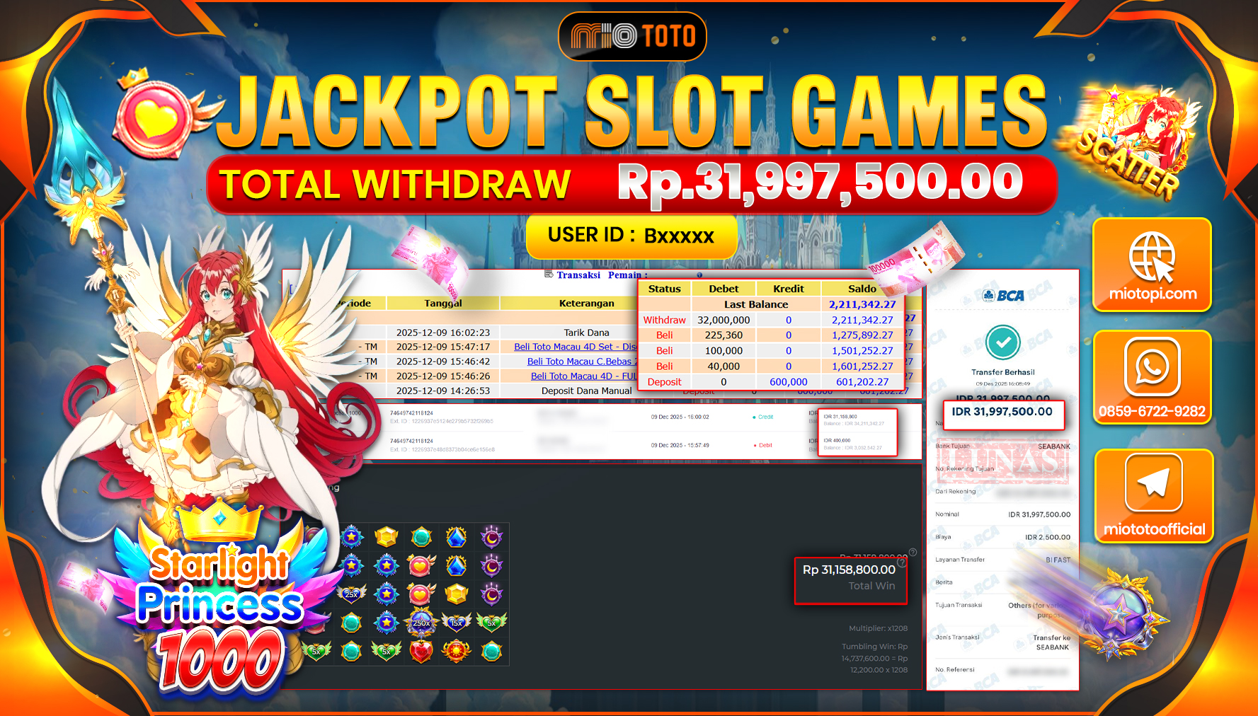 JACKPOT SLOT STARLIGHT PRINCESS  1000 Rp.31,997,500 DI BAYAR TUNAI !!!