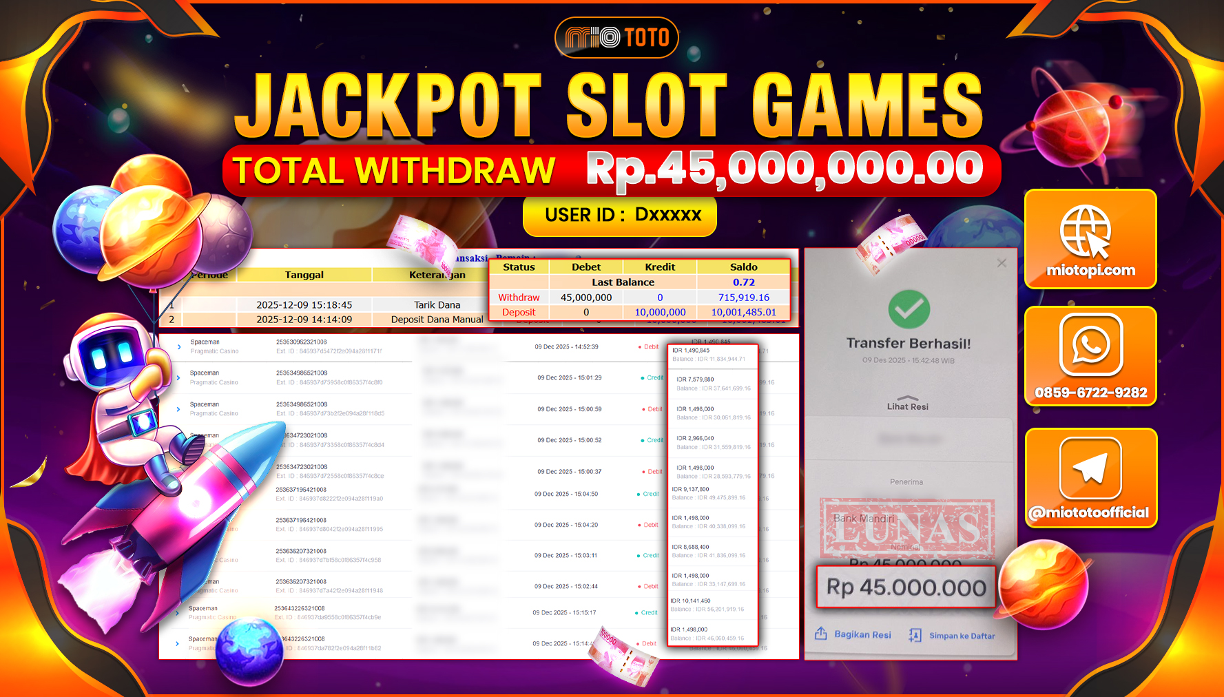 JACKPOT SLOT SPACEMAN Rp.45,000,000 DI BAYAR TUNAI !!!