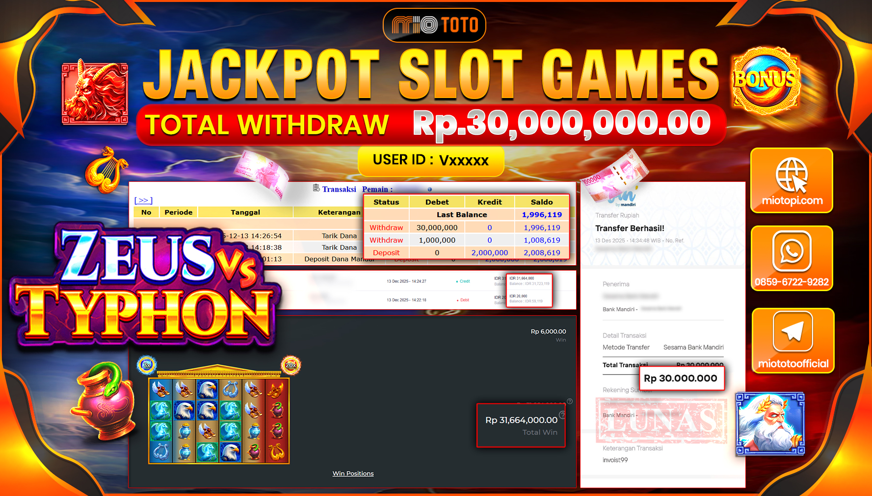 JACKPOT SLOT ZEUS VS TYPHON Rp.30,000,000 DI BAYAR TUNAI !!!
