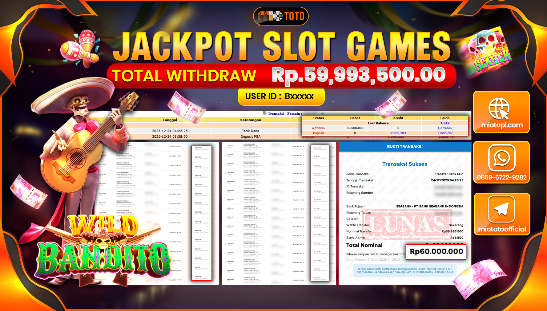 JACKPOT SLOT WILD BANDITO Rp.59,993,500 DI BAYAR TUNAI !!!