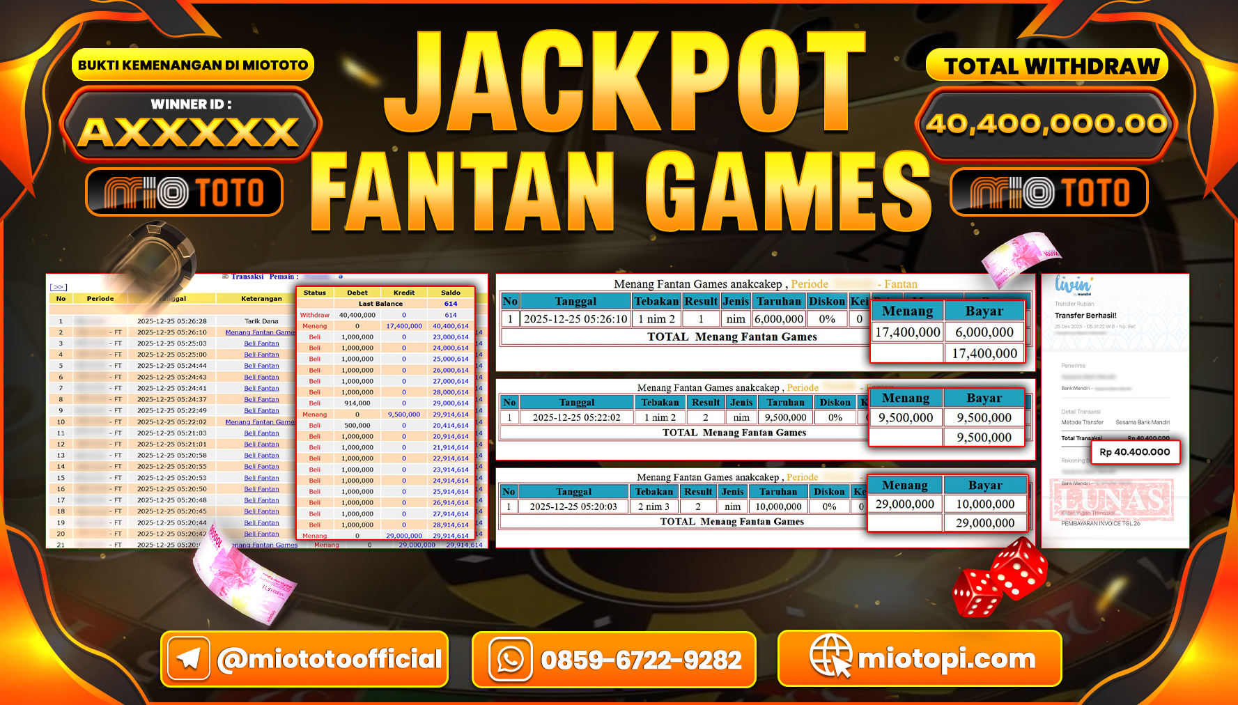 JACKPOT LIVE GAME FANTAN Rp.40,400,000 DI BAYAR TUNAI !!!