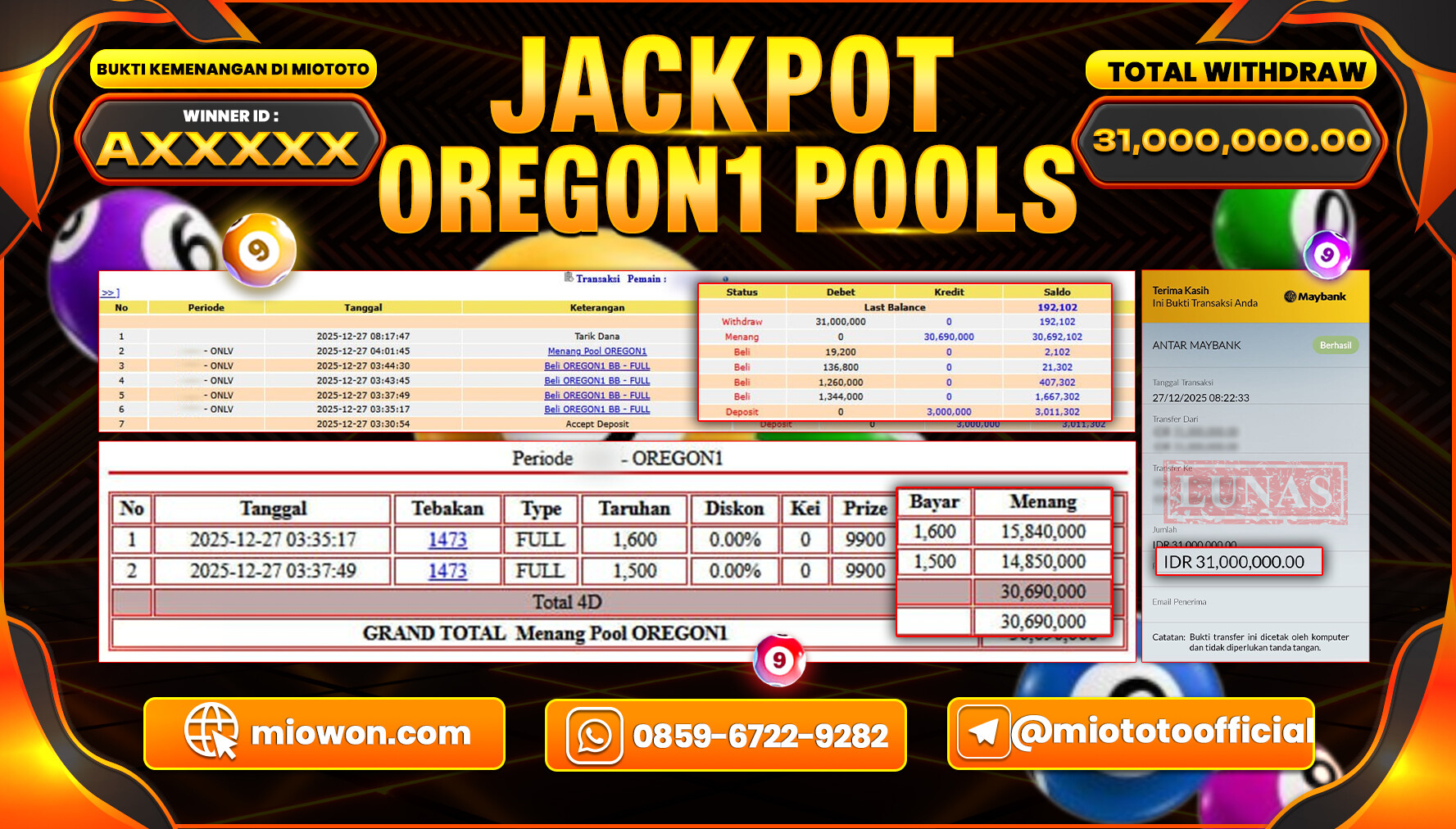 JACKPOT TOGEL OREGON 1  Rp.31,000,000 DI BAYAR TUNAI !!!