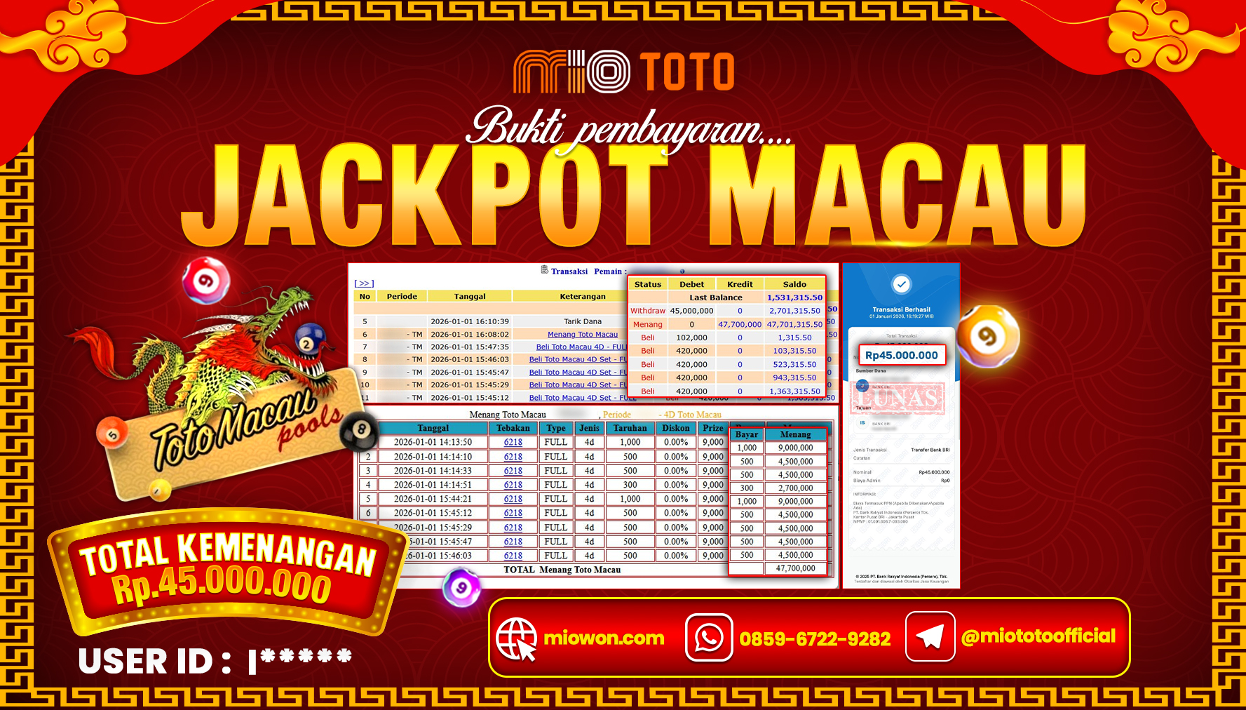 JACKPOT TOGEL TOTO MACAU POOLS 4D Rp.45,000,000 DI BAYAR TUNAI !!!