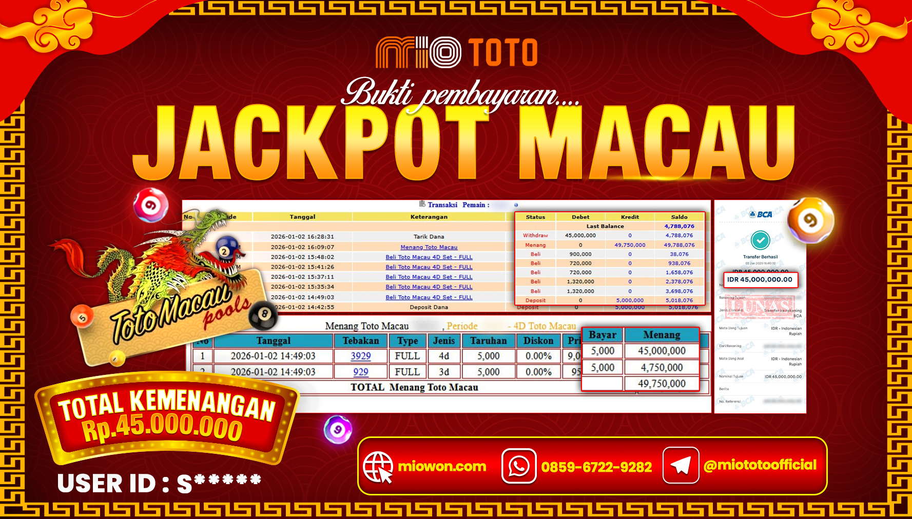 JACKPOT TOGEL TOTO MACAU POOLS 4D Rp.45,000,000 DI BAYAR TUNAI !!!